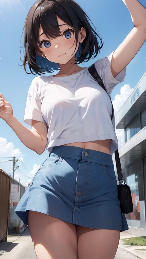  short-sleeved white sweatshirt 、See-through bra、 blue bra、 Blue Mini Skirt、  lift the miniskirt with both hands、 please show me a glimpse of striped bread、 high school girl、A desert with nothing up to the horizon、Blue sky and clouds at the entrance  .