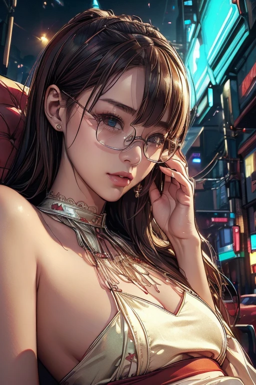 a facial portrait of a ((spy using glasses to take pictures)) working on a secret computer laboratory, an elegant, exquisite beautiful female spy, dynamic hair color, dynamic hair style, (wearing elegant intricate details glasses: 1.3), dynamic color glasses, dynamic style glasses, ((letter and numbers are mirrored on the glasses:1.6)), she wears an elegant, intricate detailed dress, silk dress , small cleavage, Vibrant, Ultra-high resolution, High Contrast, masterpiece:1.2, highest quality, Best aesthetics), best details, best quality, highres, ultra wide angle, 16k, [ultra detailed], masterpiece, best quality, (extremely detailed), Genetically modified..., Cinematic Hollywood Film, lens flare style
