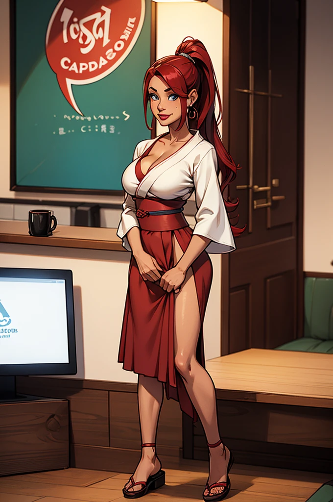 1girl, modern fantasy, small sultry japanese woman with tanned skin, tan skin, 18 years old, short height, (breast implants), huge (round fake tits), deep v-cleavage, wavy (crimson hairs) with side bang, very long high ponytail, (white kimono top), long sleeves, (very long green skirt:0.7)) with (side_slit:0.5), crimson obi, sandals, vibrant blue eyes, mischevious smile, mole under right eye, loop earrings, red lips, full lower lip, (full lower lip), standing, flirting in a coffee shop, assertive, crimson hairs, long (green pleated skirt:1)