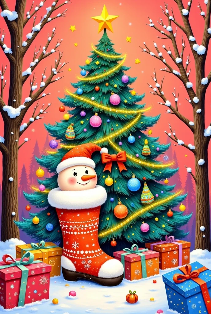 A colorful Christmas stocking and an adorable snowman placed inside a christmas tree on a surface covered with snow. The christmas tree is adorned with a bright red bow,adding a splash of vivid color to the scene. The background is a soft red,creating a warm and festive atmosphere. High quality,high resolution,photorealistic,detailed,vibrant colors,winter holiday theme,cheerful,cozy,artistic representation.