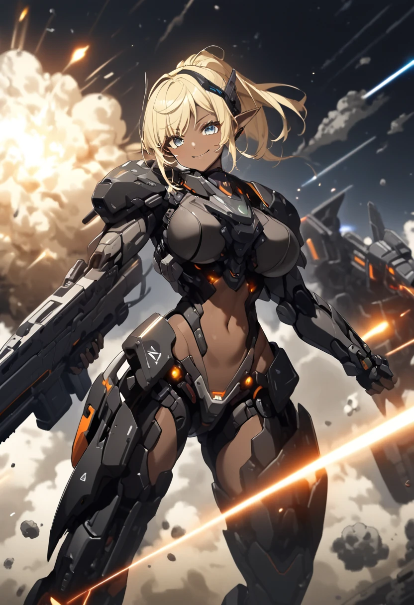 ( top quality 、 detailed images、Beautiful images、 official images )、((Near future、 outer space 、Space War))、( model body type、Blonde、 ponytail hair、Short Pointed Ears 、 Big Breasts )、((( brown skin:1.5)))、(Smile a little)、(black cyber visor、 black cyber body armor、 Black Cyber Shoulder Armor、 black cyber boots 、black cyber gauntlet 、heavy assault rifle)、(( cowboy shot))、(Human Mobile Exoskeleton Weapon、 powered suit、shoulder cannon)、explosion、light、