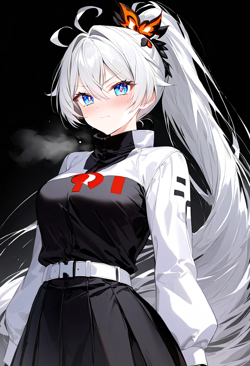 score_9, score_8_up, score_7_up, masterpiece, best quality, very aesthetic, absurdres, 1girl, adult grown woman, solo, kiana kaslana \(honkai impact 3rd\), herrscher of finality, white hair, ahoge, ponytail, long hair, blue eyes, symbol-shaped pupils, blush, closed mouth, heavy breathing, black background, team rocket uniform, black hat, black shirt, black skirt, white belt, white gloves, single letter,