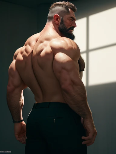 An award-winning original photo,A wild muscular man, (40 years old daddy:1.1), 1boy, Solo, (big shoulders, musculature, stubbles, Short beard, Beautiful eyes:1.3, ), (chengjianbin:1), (weizhenrong:1), (Detailed face:1.3), Dynamic Angle, dramatic pose, voluminetric lighting, (Best quality, A high resolution, Photorealistic), Cinematic lighting, Masterpiece, RAW photo, Intricate details, hdr, back view, hairy back, hairy backside