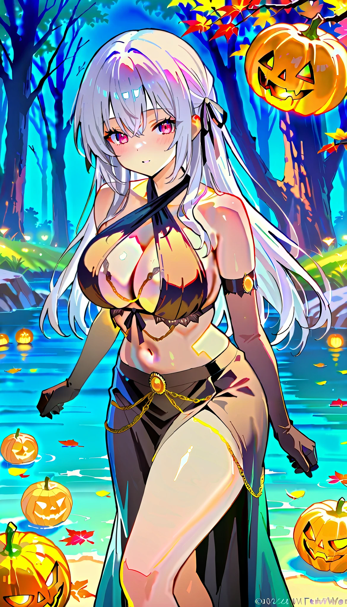   dazzling ,  intellectual and elegant  ，alia,  Create an enchanting anime-style illustration of a beautiful woman with long white hair,  dressed in very sexy Halloween lingerie . Big breasts  (125cm),  thick sexy thighs,a large neckline  ,  She is in a moonlit forest  ,   surrounded by shiny pumpkins and floating autumn leaves  .   The composition should focus on your striking features  ,   with hair falling elegantly over the shoulders  . Use soft , }  ethereal lighting that casts soft shadows  , Enhancing the Mystical Atmosphere.   The color palette must include deep purples  ,   vibrant oranges  ,   and touches of silver to evoke a magician  , Vibe de Halloween.   Incorporate intricate details into your fantasy  ,   weather like lace and shiny fabrics  ,   showing textures that contrast with the softness of your skin  .  } Capture the feeling of movement as the leaves dance around you  ,  creating a ,   but slightly mysterious  .   fanciful Look for high resolution  , adequado para uma impressão   dazzling,   with sharp details and vibrant colors  ,   pretty face