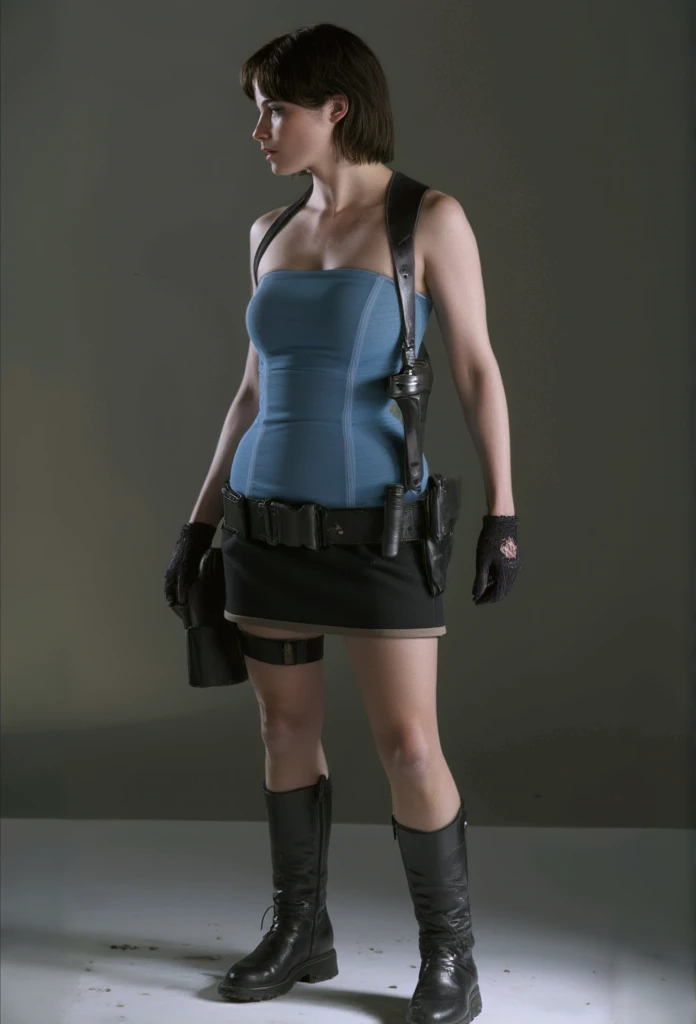 Sienna Guillory as Jill Valentine, black boots, black hair, skirt, blue top, Resident Evil Apocalypse, highly detailed, dynamic lighting, cinematic, Detailed nudity　 full nude　全naked　naked　No clothes　Nipples