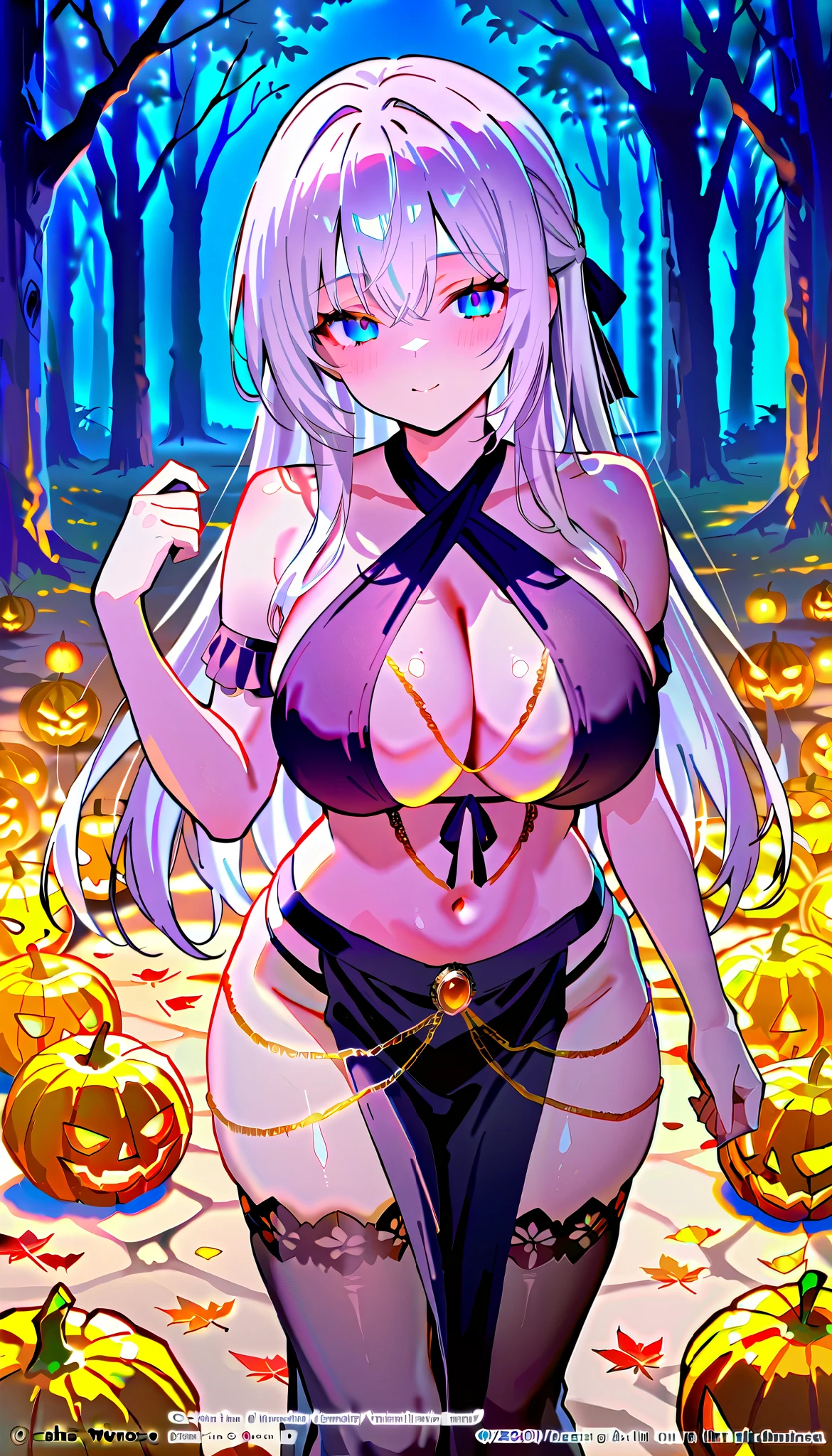   dazzling ,  intellectual and elegant  ，alia,  Create an enchanting anime-style illustration of a beautiful woman with long white hair,  dressed in very sexy Halloween lingerie . Big breasts  (125cm),  thick sexy thighs,a large neckline  ,  She is in a moonlit forest  ,   surrounded by shiny pumpkins and floating autumn leaves  .   The composition should focus on your striking features  ,   with hair falling elegantly over the shoulders  . Use soft , }  ethereal lighting that casts soft shadows  , Enhancing the Mystical Atmosphere.   The color palette must include deep purples  ,   vibrant oranges  ,   and touches of silver to evoke a magician  , Vibe de Halloween.   Incorporate intricate details into your fantasy  ,   weather like lace and shiny fabrics  ,   showing textures that contrast with the softness of your skin  .  } Capture the feeling of movement as the leaves dance around you  ,  creating a ,   but slightly mysterious  .   fanciful Look for high resolution  , adequado para uma impressão   dazzling,   with sharp details and vibrant colors  ,   pretty face