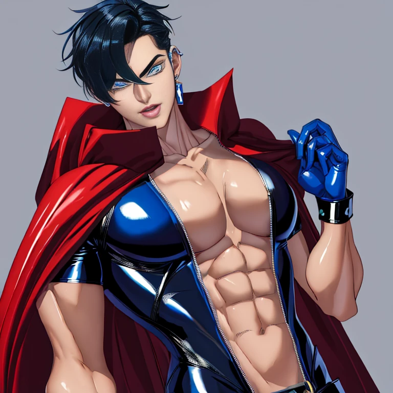  cool latex superhero boy,   teenager  ,   tall  ,  beautiful skin, I'm a superhero 、I have a beautiful body ,  hero costume, An attractive, sober young man  ,  Slim and Muscular  ,  and my skin is tanned