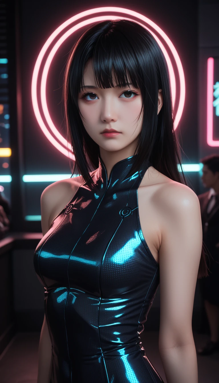 Digital Cyberpunk Art、highest quality、Ultra-high quality CG Unity 8K、Cyberpunk Chinese Dress、Shiny metallic、(sitting, yokozuwari)