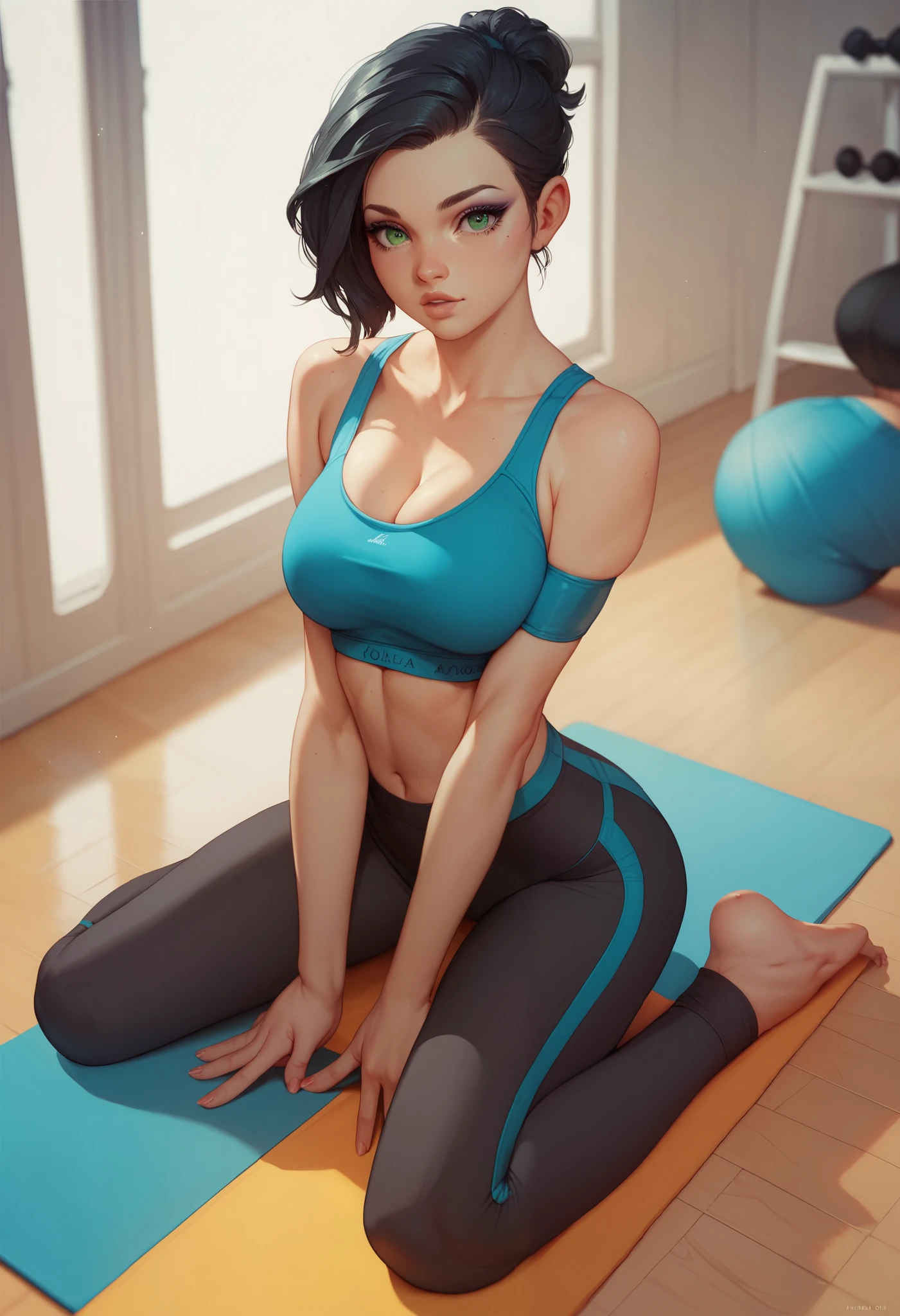hyperrealistic, beautiful young woman, tall slender figure, tall, sports bra and shorts, sitting on yoga mat, stretching, (longtorso:1.45)