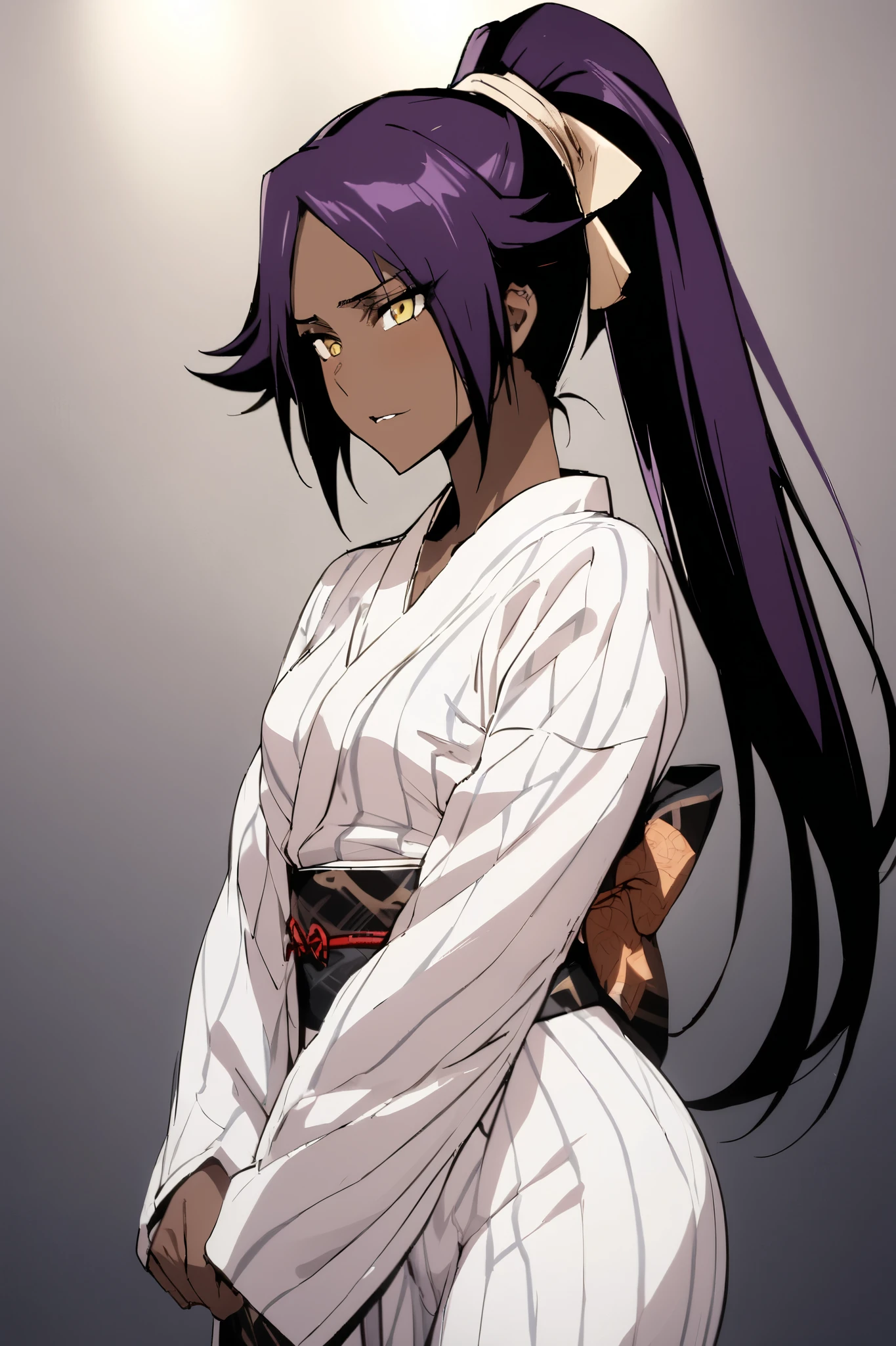 NSFW,masterpiece, top quality , High Definition , very detailed,Yoruichi Shihouin\(BLEACH\), long hair、 yellow eyes、 ponytail、Purple Hair、 dark skin 、 dark skin の女性, kimono,yukata