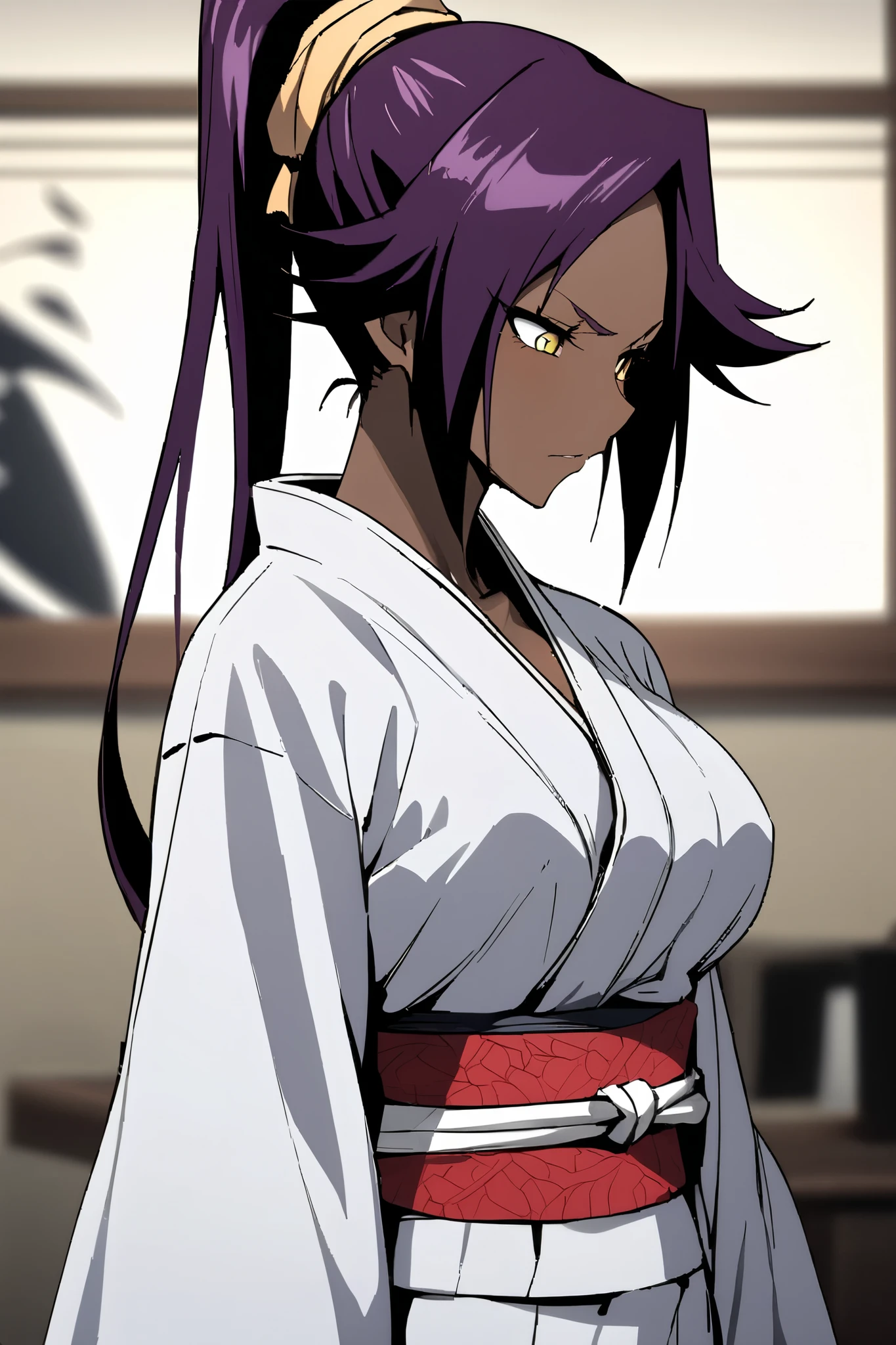 NSFW,masterpiece, top quality , High Definition , very detailed,Yoruichi Shihouin\(BLEACH\), long hair、 yellow eyes、 ponytail、Purple Hair、 dark skin 、 dark skin の女性, kimono,yukata