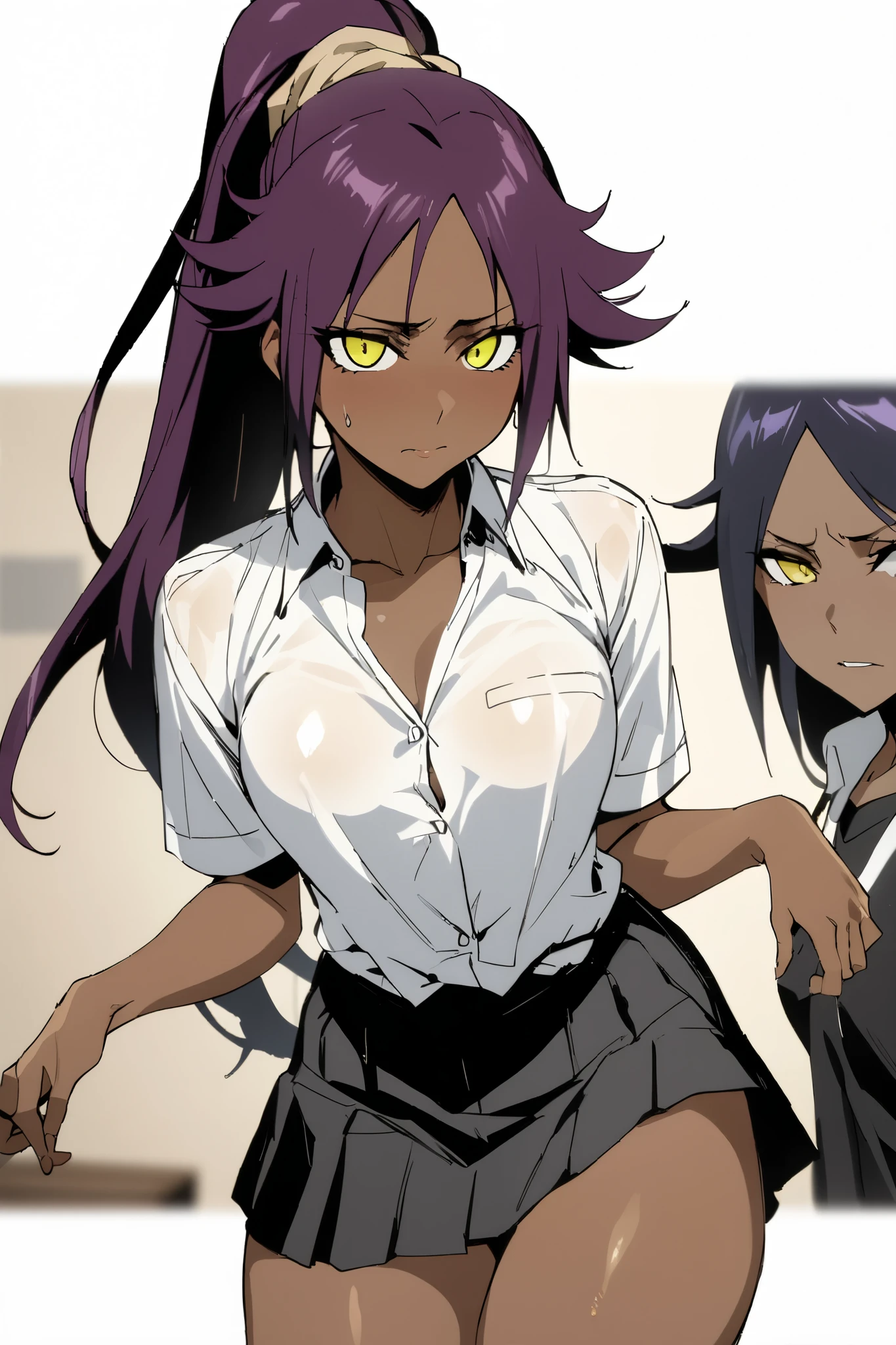 NSFW,masterpiece, top quality , High Definition , very detailed,Yoruichi Shihouin\(BLEACH\), long hair、 yellow eyes、 ponytail、Purple Hair、 dark skin 、 dark skin の女性, school uniform, dress shirt, miniskirt