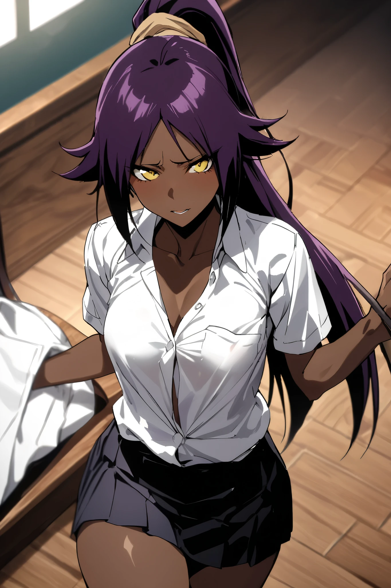 NSFW,masterpiece, top quality , High Definition , very detailed,Yoruichi Shihouin\(BLEACH\), long hair、 yellow eyes、 ponytail、Purple Hair、 dark skin 、 dark skin の女性, school uniform, dress shirt, miniskirt