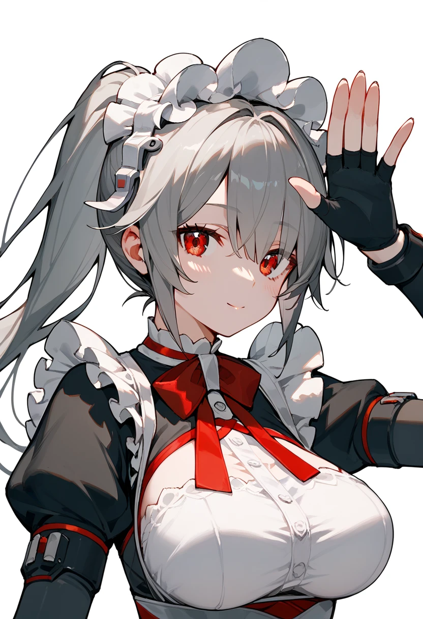 score_9,score_8_up,score_7_up,score_6_up,
Zero_AS,1girl,breasts,solo,looking at viewer,long hair,maid headdress,large breasts,red eyes,grey hair,upper body,closed mouth,bangs,partially fingerless gloves,maid uniform,maid,waving,low ponytail,
white_background,simple_background