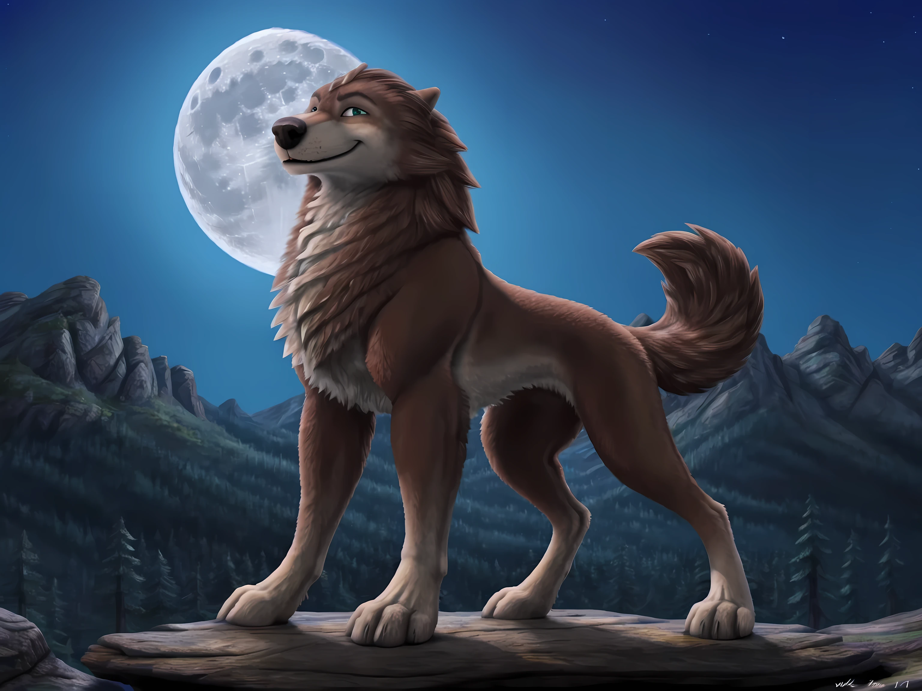 source_anime, cel shaded:1.1, by wfa, Garth, detailed fur, male, feral, feral body, standing on cliffside, forest horizon, mountains, night, full moon, day, posing, confident, raised head, subtle smile, proud, wolf, puffed chest, full body, strong body