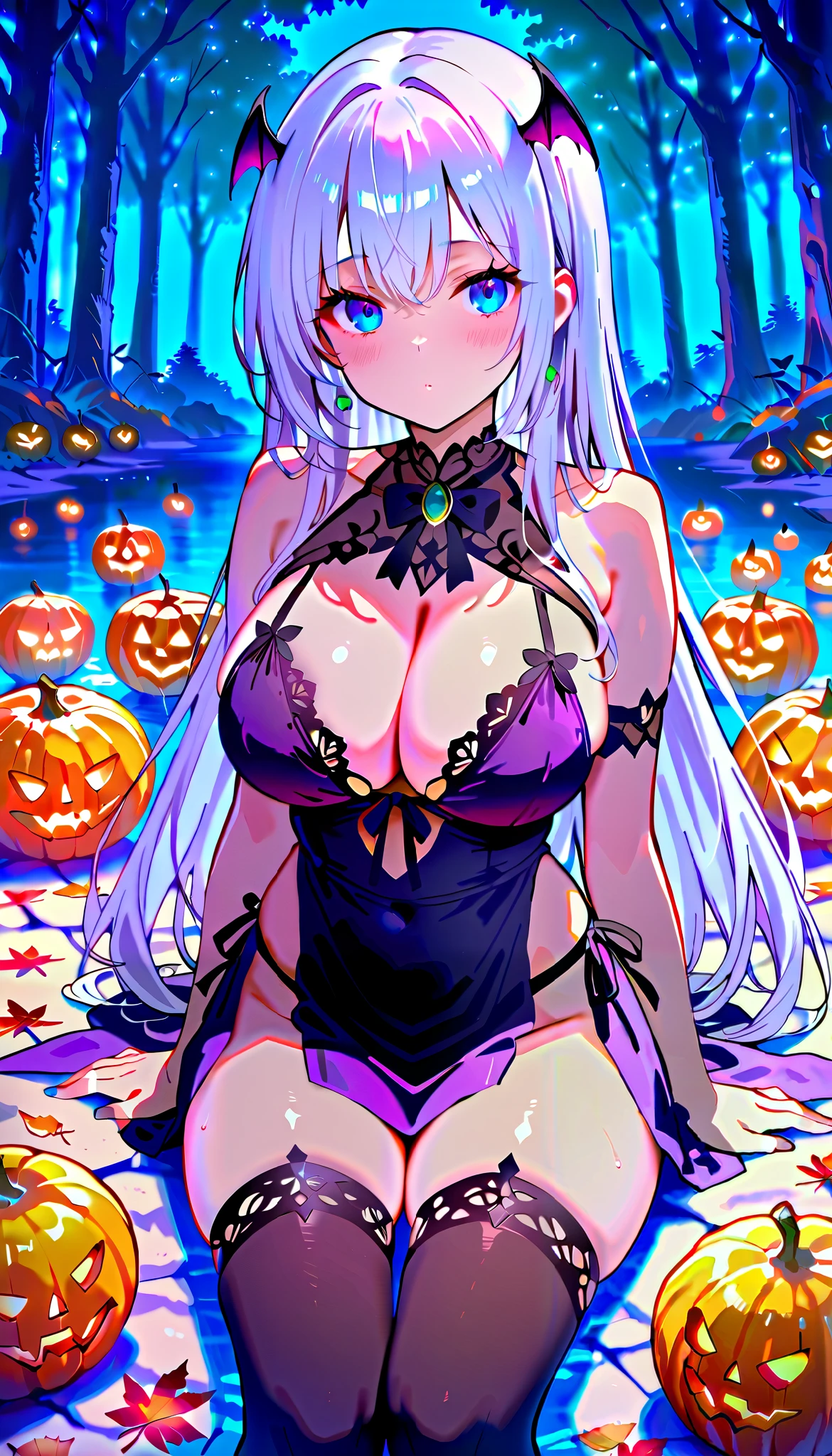   dazzling ,  intellectual and elegant  ，alia,  Create an enchanting anime-style illustration of a beautiful woman with long white hair,  dressed in very sexy Halloween lingerie . Big breasts  (125cm),  thick sexy thighs,a large neckline  ,  She is in a moonlit forest  ,   surrounded by shiny pumpkins and floating autumn leaves  .   The composition should focus on your striking features  ,   with hair falling elegantly over the shoulders  . Use soft , }  ethereal lighting that casts soft shadows  , Enhancing the Mystical Atmosphere.   The color palette must include deep purples  ,   vibrant oranges  ,   and touches of silver to evoke a magician  , Vibe de Halloween.   Incorporate intricate details into your fantasy  ,   weather like lace and shiny fabrics  ,   showing textures that contrast with the softness of your skin  .  } Capture the feeling of movement as the leaves dance around you  ,  creating a ,   but slightly mysterious  .   fanciful Look for high resolution  , adequado para uma impressão   dazzling,   with sharp details and vibrant colors  ,   pretty face