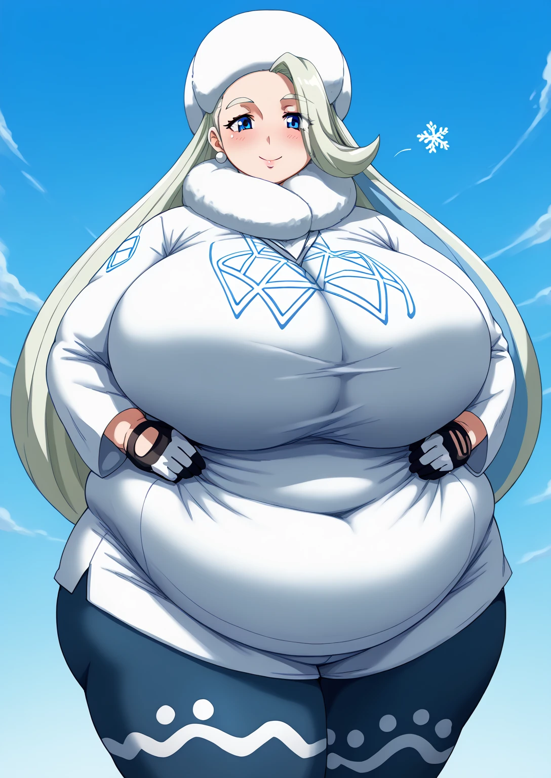 melon, melony,  blue eyes,  eyelash ,  long hair,  multi-colored hair ,  striped hair,  gray hair, earrings for women with first name,  gloves,  has , gem,  Long Sleeve ,  pantyhose,  pantyhose under  shorts,  scarf,  shorts, シングル gloves,  Snowflakes ,  sweater ,  White Headwear , white  scarf, white  sweater , score_9,   score_8_ up,   score_7_ up,   score_6_ up,   score_5_ up,   score_4_ up,     masterpiece   ,   top quality,     very aesthetic  ,    absurd,    source_Anime, Anime screencap,    one woman , Alone,   personal   ,  Super huge breasts, (((S uper huge クレビス, Super huge , Super huge boob))), Curvy,   in her 20s,  Mature Woman,   obese , ,  troubled expression, ssbbw,  embarrassed expression,  