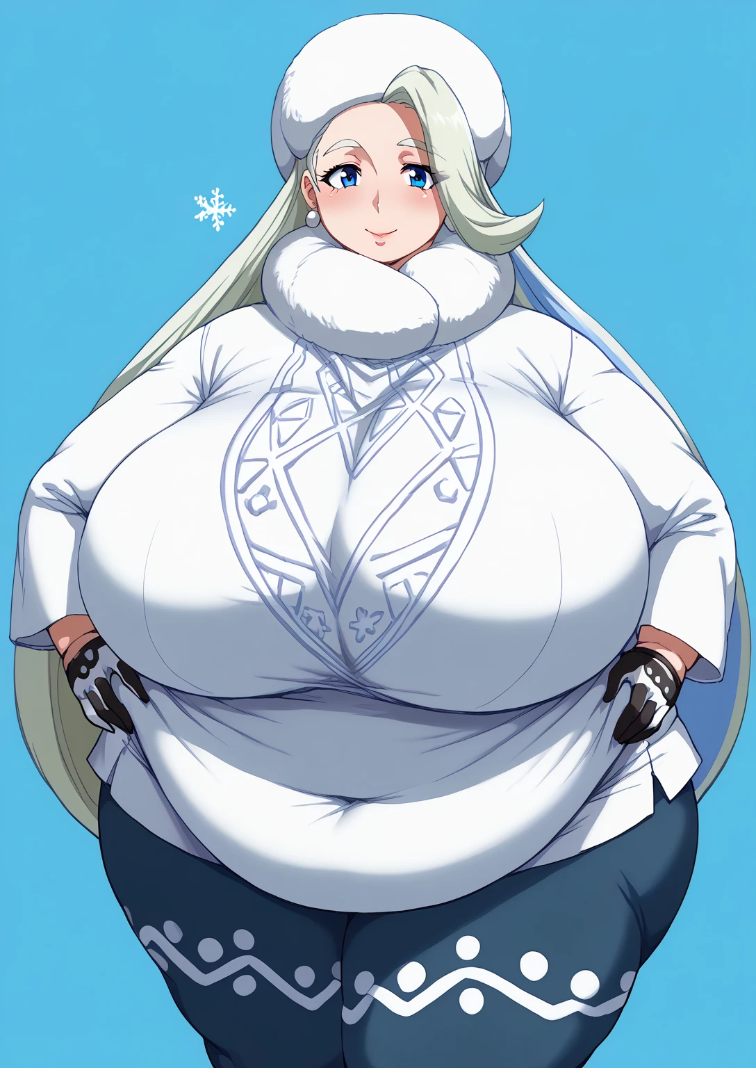 melon, melony,  blue eyes,  eyelash ,  long hair,  multi-colored hair ,  striped hair,  gray hair, earrings for women with first name,  gloves,  has , gem,  Long Sleeve ,  pantyhose,  pantyhose under  shorts,  scarf,  shorts, シングル gloves,  Snowflakes ,  sweater ,  White Headwear , white  scarf, white  sweater , score_9,   score_8_ up,   score_7_ up,   score_6_ up,   score_5_ up,   score_4_ up,     masterpiece   ,   top quality,     very aesthetic  ,    absurd,    source_Anime, Anime screencap,    one woman , Alone,   personal   ,  Super huge breasts, (((S uper huge クレビス, Super huge , Super huge boob))), Curvy,   in her 20s,  Mature Woman,   obese , ,  troubled expression, ssbbw,  embarrassed expression,  