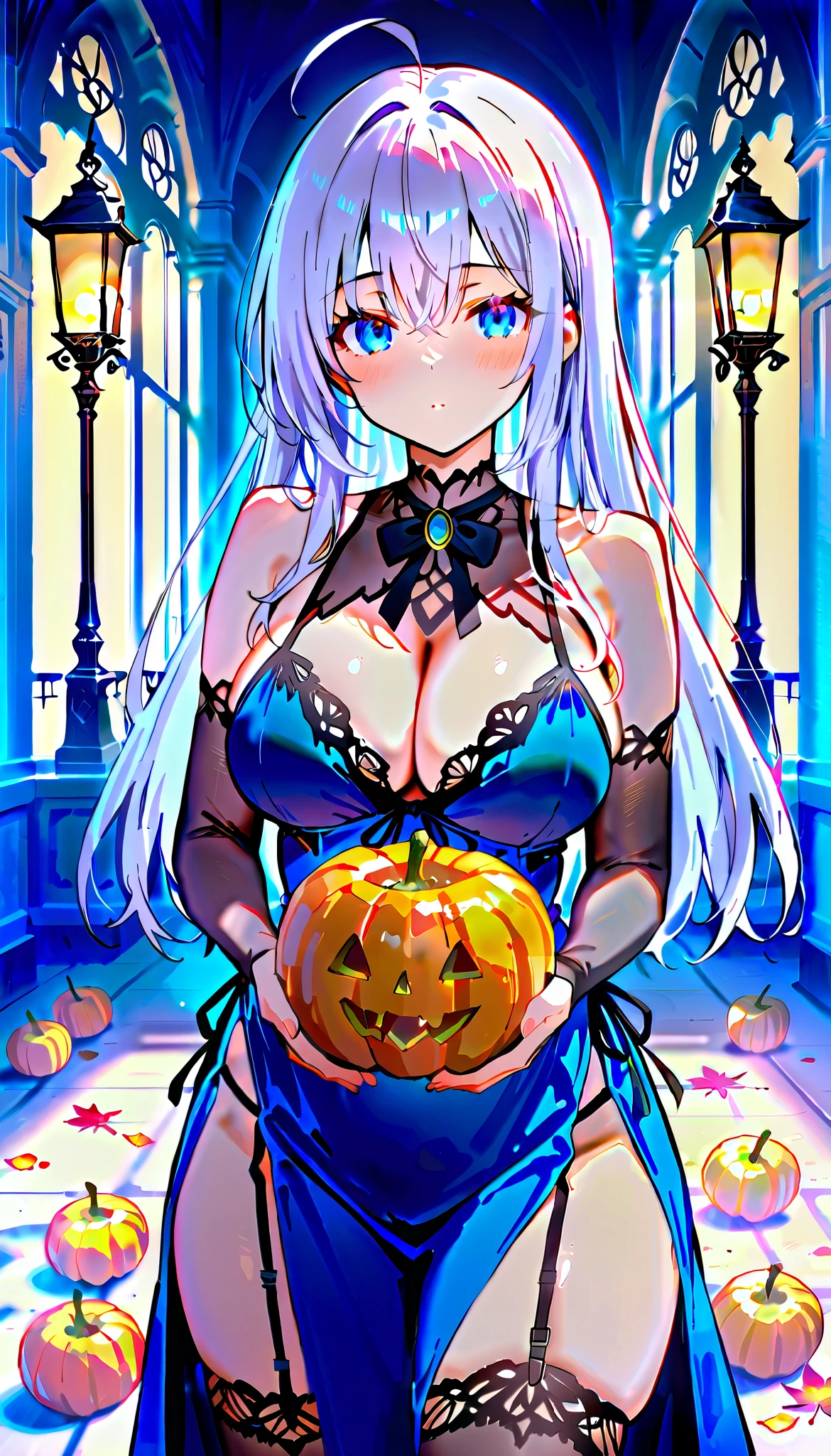   dazzling ,  intellectual and elegant  ，alia,  Create an enchanting anime-style illustration of a beautiful woman with long white hair,  dressed in very sexy Halloween lingerie . Big breasts  (125cm),  thick sexy thighs,a large neckline  ,  She is in a moonlit forest  ,   surrounded by shiny pumpkins and floating autumn leaves  .   The composition should focus on your striking features  ,   with hair falling elegantly over the shoulders  . Use soft , }  ethereal lighting that casts soft shadows  , Enhancing the Mystical Atmosphere.   The color palette must include deep purples  ,   vibrant oranges  ,   and touches of silver to evoke a magician  , Vibe de Halloween.   Incorporate intricate details into your fantasy  ,   weather like lace and shiny fabrics  ,   showing textures that contrast with the softness of your skin  .  } Capture the feeling of movement as the leaves dance around you  ,  creating a ,   but slightly mysterious  .   fanciful Look for high resolution  , adequado para uma impressão   dazzling,   with sharp details and vibrant colors  ,   pretty face