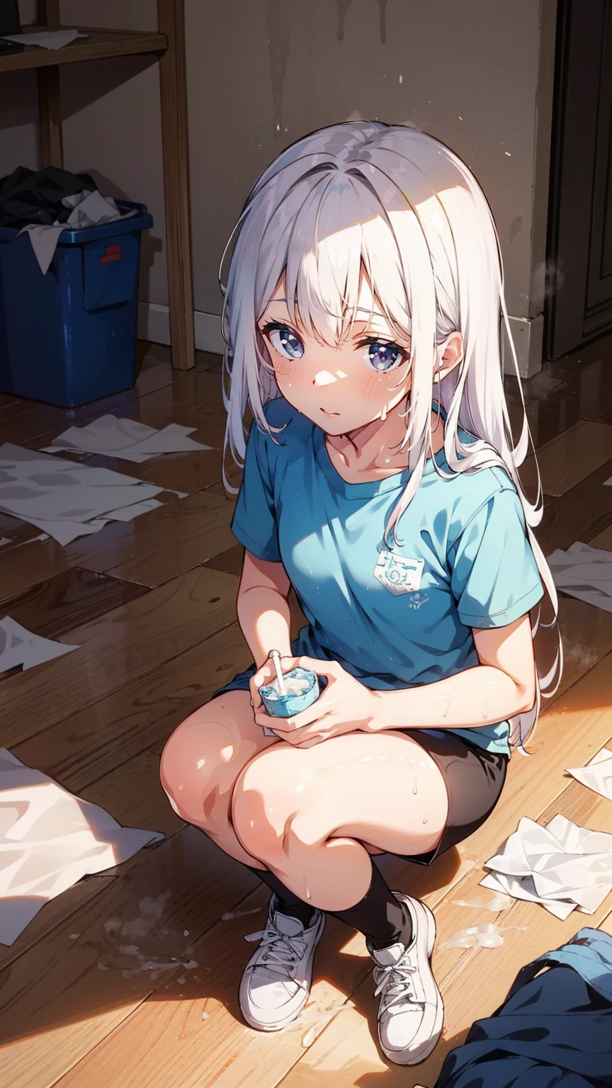 The whole body is covered in oilで光沢感がある　Tear up rolled tissue paper,　 Crumpled tissue paper, A small piece of tissue paper that fell to the ground,　Excessive sweating on the face,Sweat dripping down,Sit on the bed,　Dirty duvet　Very old gym mat ,Gymnasium Warehouse,　There are a lot of used tissues on the floor ,　Crumpled trash is scattered all over the place.,　Jim Matt, 　 Messy room,　I am going to cry　Embarrassing　Dimly lit room　Hardwood Floors　Scattered small rolls of tissue paper　The upper body is school&#39;Designated white gym uniform., Blue Sleeves　The bottom half is blue bloomers　Close-fitting shorts　high school student　Illustration Style　Anime Style　Small lips　beautiful girl　Very cute clothes　Cheeks pink　Light purple hair　Blonde long hair　super curly hair　Super long sideburns　Rubber clothing　hair band　Pearl white silk tights that become transparent when wet　White super long boots　Big eyes　Droopy eyes　Shocking Pink Rouge　Sweating profusely　　Crushed tissue paper　The whole body is wet from rain　Steam coming out of the whole body　Steam rises across the screen.　white breath　Haa　The whole body is covered in oil　evening　Overall orange background　Sunset sunshine全身図　The whole body fits on the screen　The whole body is covered in oilで光沢感がある　小さくTear up rolled tissue paper,　 Crumpled tissue paper, A piece of torn tissue paper that fell to the ground,　Excessive sweating on the face,Sweat dripping down,汚れたSit on the bed,　Dirty futon with gold stains　Dirty old gym mat ,Gymnasium Warehouse,　There are lots of tiny pieces of tissue paper on the floor. ,　Crumpled trash is scattered all over the place.,　とても汚れたJim Matt, 　 Messy room,　Scared　I am going to cry　Embarrassing　Dimly lit room　Hardwood Floors　Scattered small rolls of tissue paper　Wearing a little white sailor suit　high school student　Illustration Style　Anime Style　Small lips　Frightened face　Baby Face　beautiful girl　Very cute clothes　Cheeks pink　Light purple hair　Blonde long hair　super curly hair　Super long sideburns　Rubber clothing　hair band　Pearl white silk tights that become transparent when wet　White super long boots　Big eyes　Droopy eyes　Stern expression　Shocking Pink Rouge　Sweating profusely　　Crushed tissue paper　The whole body is wet from rain　Mucus clings to the whole body　Steam coming out of the whole body　Steam rises across the screen.　white breath　Haa　The whole body is covered in oil　evening　Overall orange background　Sunset sunshine