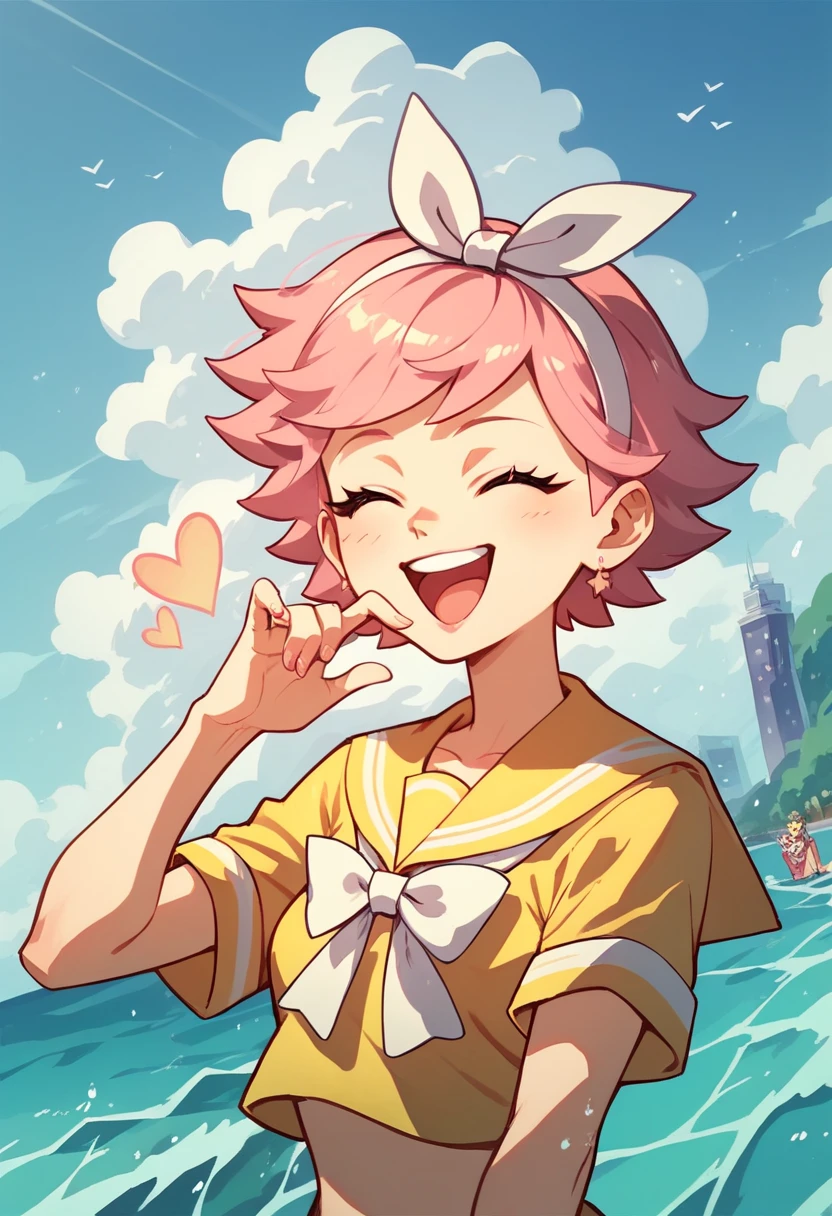 1 Girl,  unique , Pink short hair， large white ribbon bow，Pink and yellow sailor suit ， eyes，Blue sky，City， sunshine，laughing out loud，Squint，Wave，Raise your hand