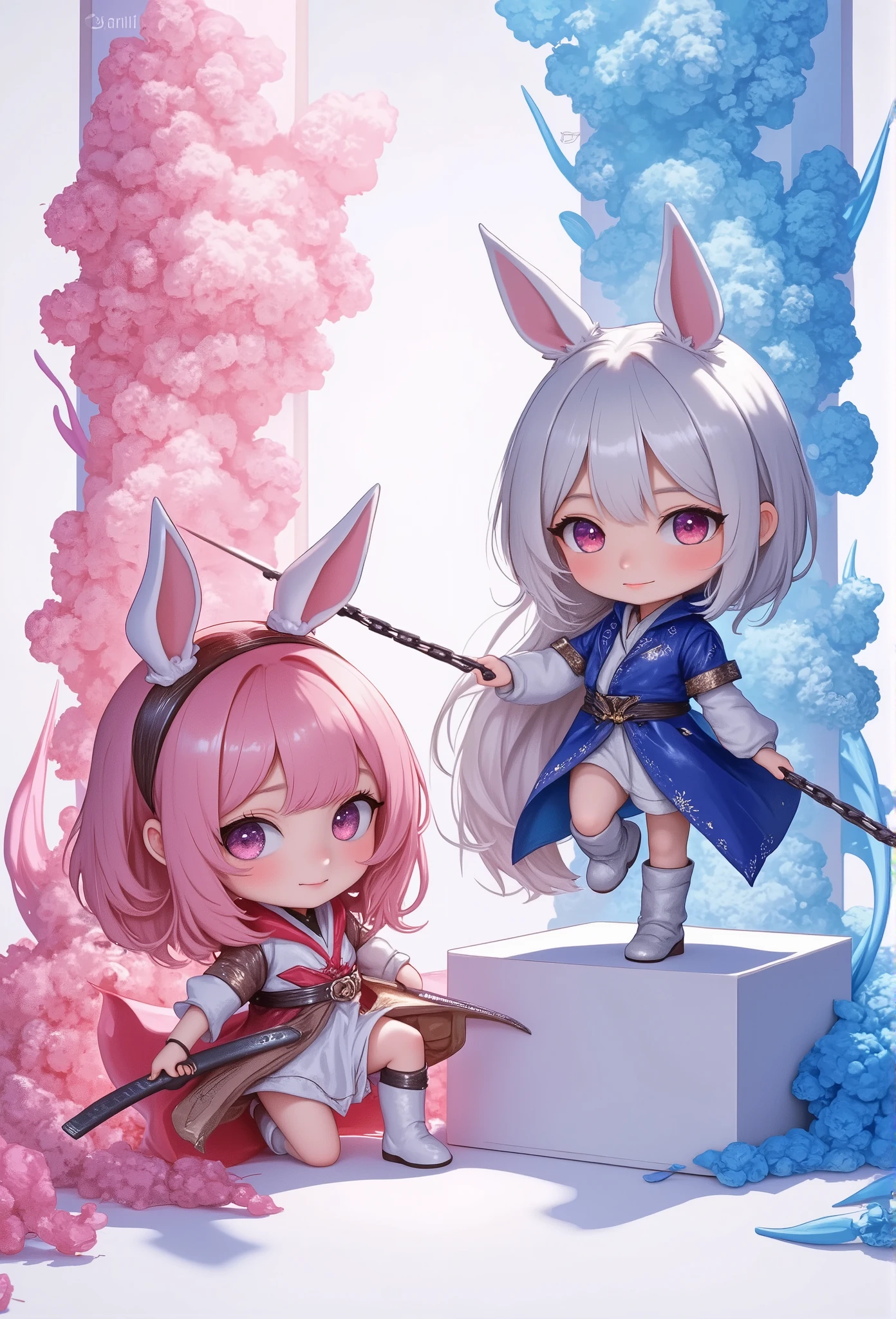 chibi, masterpiece, best quality, ultra-detailed, trk,two chibi 2girl in action-oriented poses, the pink-haired rabbit-eared girl on the left is kneeling with one knee on the ground, katana drawn, her sharp gaze locked on an unseen enemy, while the silver-haired girl on the right places one foot on a raised platform, confidently wrapping a chain around her arm, her expression filled with calm authority, pink floral patterns bloom behind the left girl and blue floral designs swirl behind the right, the scene contrasts action and poise, creating a dynamic composition.