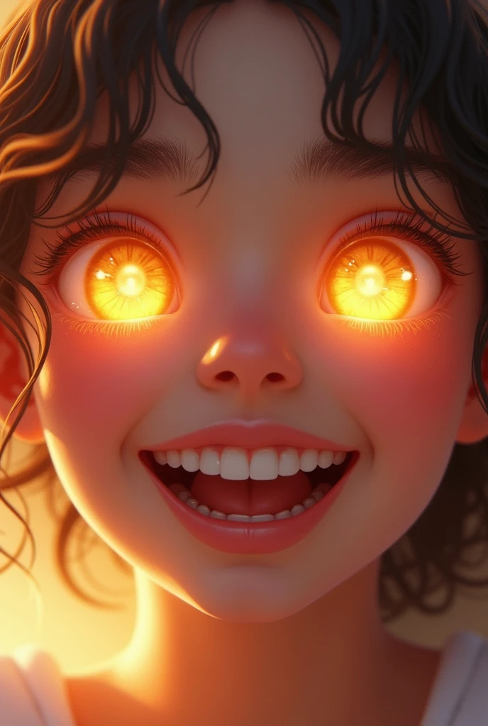 ((masterpiece, best quality)), highres, 8k, cinematic light, high contrast, depth of field, intense glow, detailed background, 1girl, cute, detailed eyes, sparkle in eyes, detailed iris, grin, stylized, open mouth, fang,