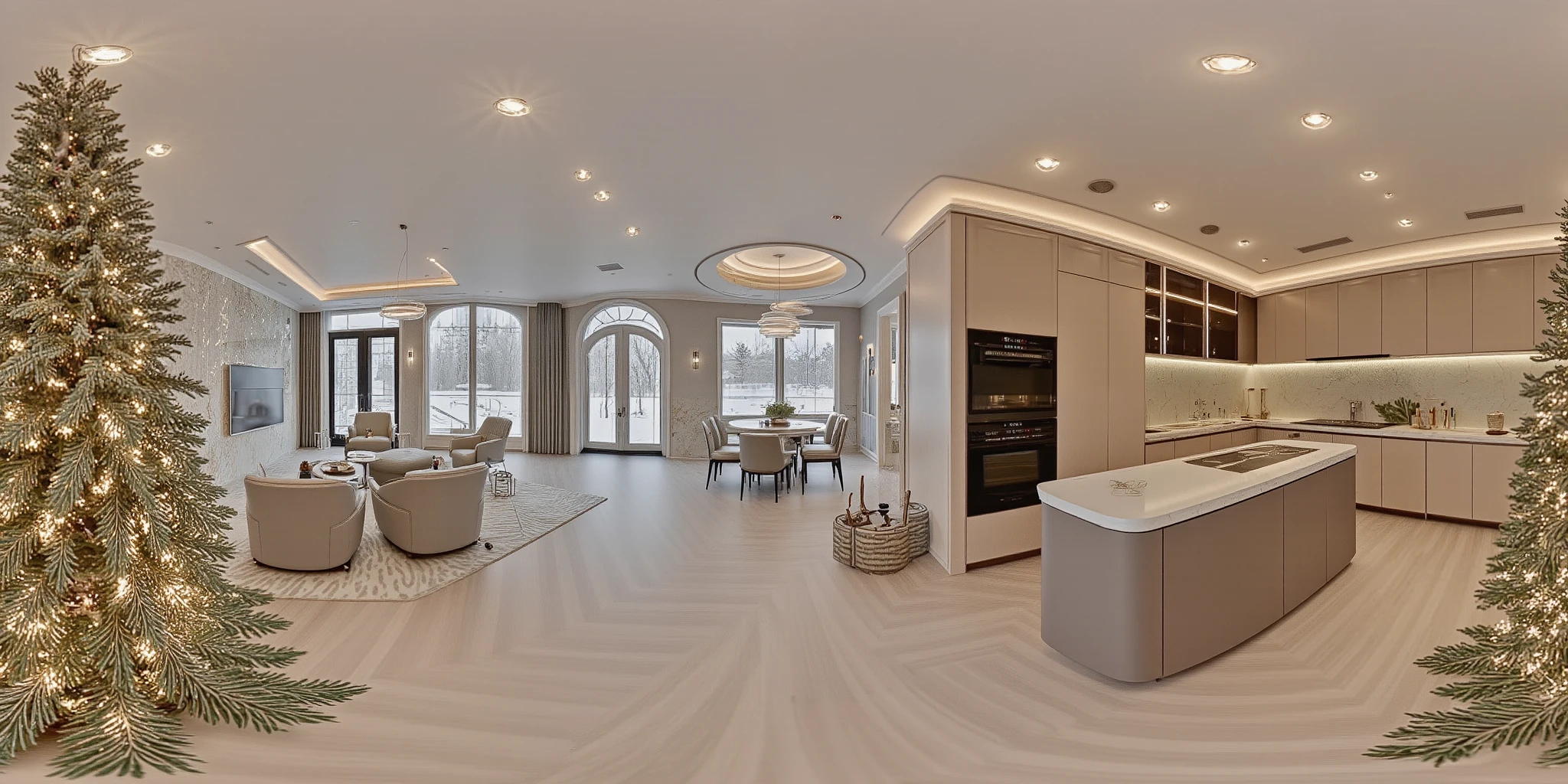 HDRI panoramic view of TOK, a modern kitchen, chrismas tree