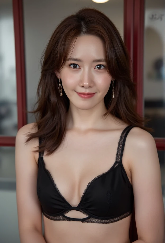 ((Best picture quality, 8k, tmasterpiece:1.3)), 1girll, Beautiful woman with slender abs:1.3, (Casual hairstyle, :1.2), Sexy low-cut black bra，The bra color is arbitrary，Super large，The skin is very white，Ultra-fine face, A detailed eye,  double eyelids，ssmile。Take pictures in cute poses，The figure is very bad，tiny small waist，Super big breasts，Close-up，Close-up chest，White-skinned，The background is casual，Close-up Shot Shot