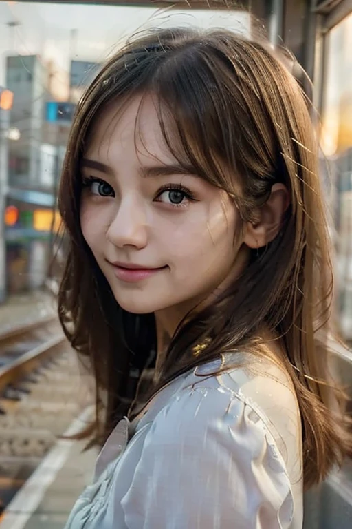  top quality, masterpiece, extremely   Detailsed,   Detailsed background,   1 girl,    beautiful eyes ,   young girl,    long haired girl  ,   expressive faces  , JR Sannomiya Station ,  Station Home 、sunset,  sunset 、 scenery, Horizontal line , wind,   petals, autumn,   atmospheric lighting, reflection,    Naturalism  ,   Details,   realism .   Relaxation, Beauty,   single focus ,  close, from side,  teeth , Bokeh