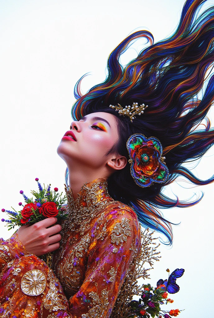 In a cinematic shot with vibrant color theme, a fantasy beauty, art nouveau inspiration, is showcased on a white background. She wears an intricate gorgeous kimono dress adorned with mysterious lace ruffles and gorgeous hair ornaments. Her iridescent hair flows like a kaleidoscope, with four different wind effects blowing long hair. The Magical girl's body is semi-transparent, revealing her sexy teenage figure, From an above shot with a low angle, the subject leans back, looking up with half-closed eyes that seem to sparkle like bio-chemiluminescence. Her detailed face features fractal irises, white eye makeup, eyelashes, eyeliner, and eyeshadow, creating an insanely detailed gaze. Her kawaii expression is enhanced by her wincing sexual pose, pulling her chin towards her chest. The image features a melting pigments effect with dripping paint, and multicolour splashes surrounding the woman. The overall aesthetic has a cultural, Melting pigments-inspired feel, with abstract art and visual poetry elements.,Angel,PTAIPsyberpunk