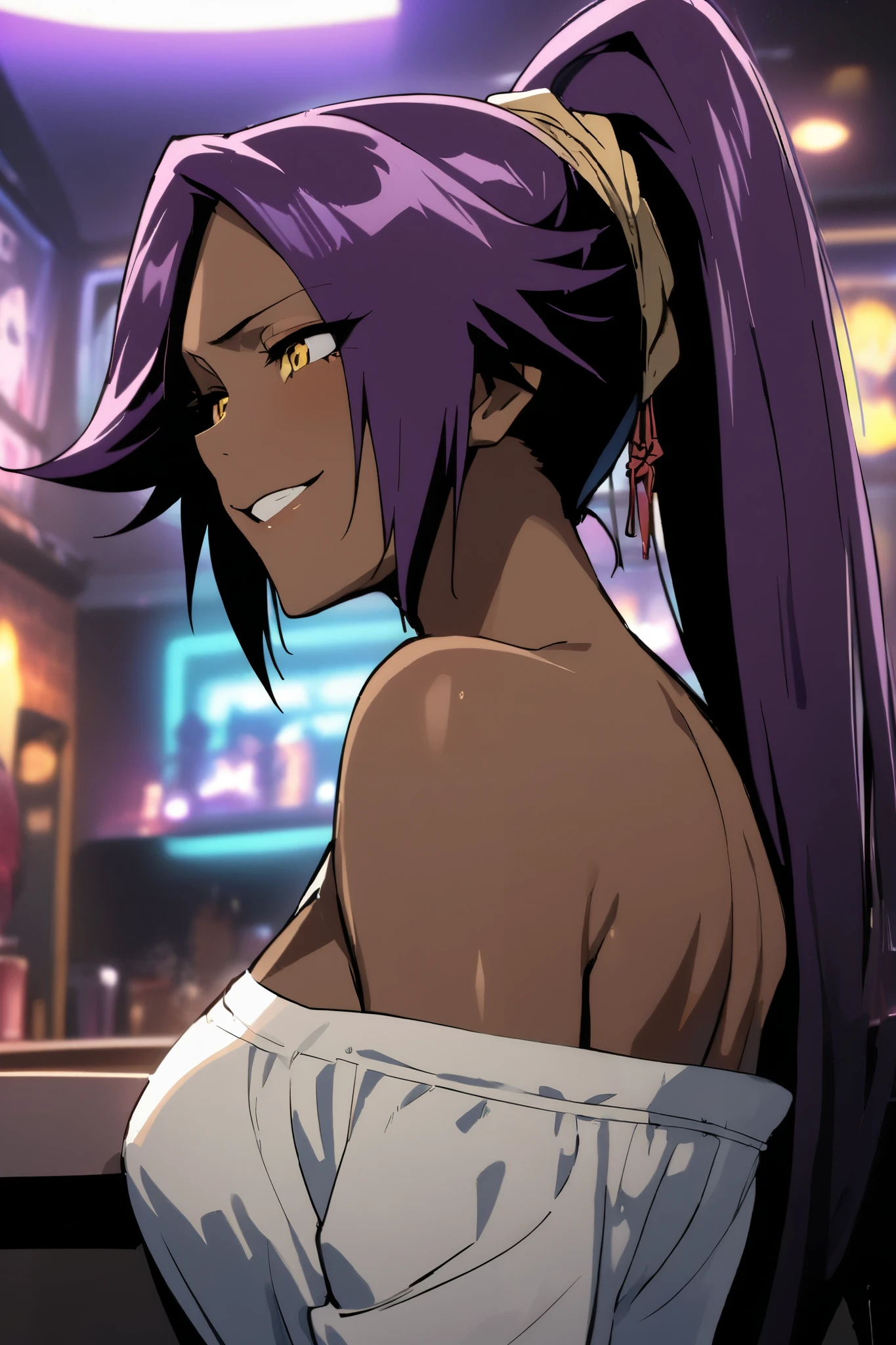 NSFW,masterpiece, top quality , High Definition , very detailed,Yoruichi Shihouin\(BLEACH\), long hair、 yellow eyes、 ponytail、Purple Hair、 dark skin 、 dark skin の女性, off-shoulder, Denim Shorts, Casual ,Bad Smile,Nightlife