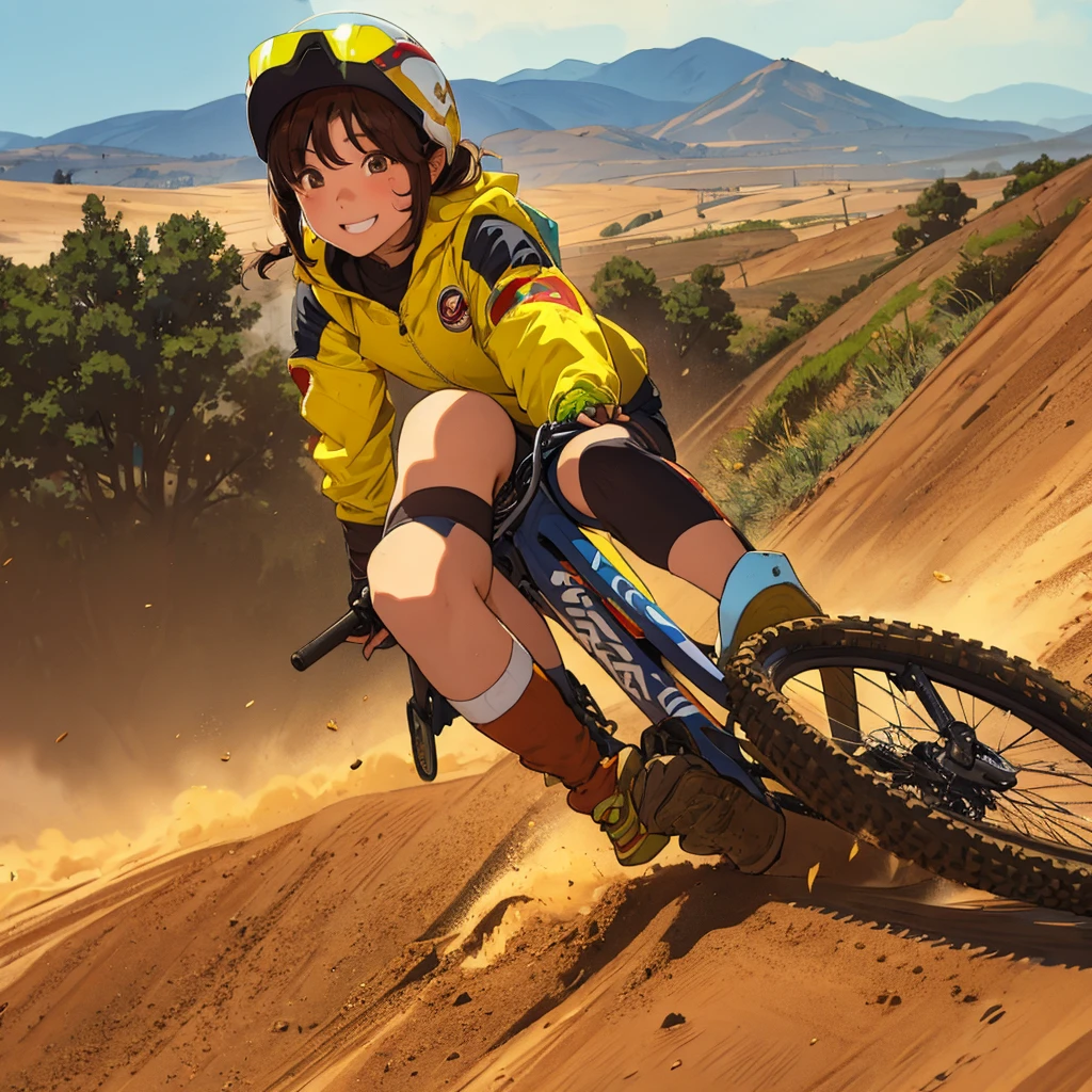 (The_shading),
One girl,Flying Goggles,Ride the Motobi \(MTB Umuk\),smile,Dirt roads,Dust,
Breaking the masterpiece,Highest quality,