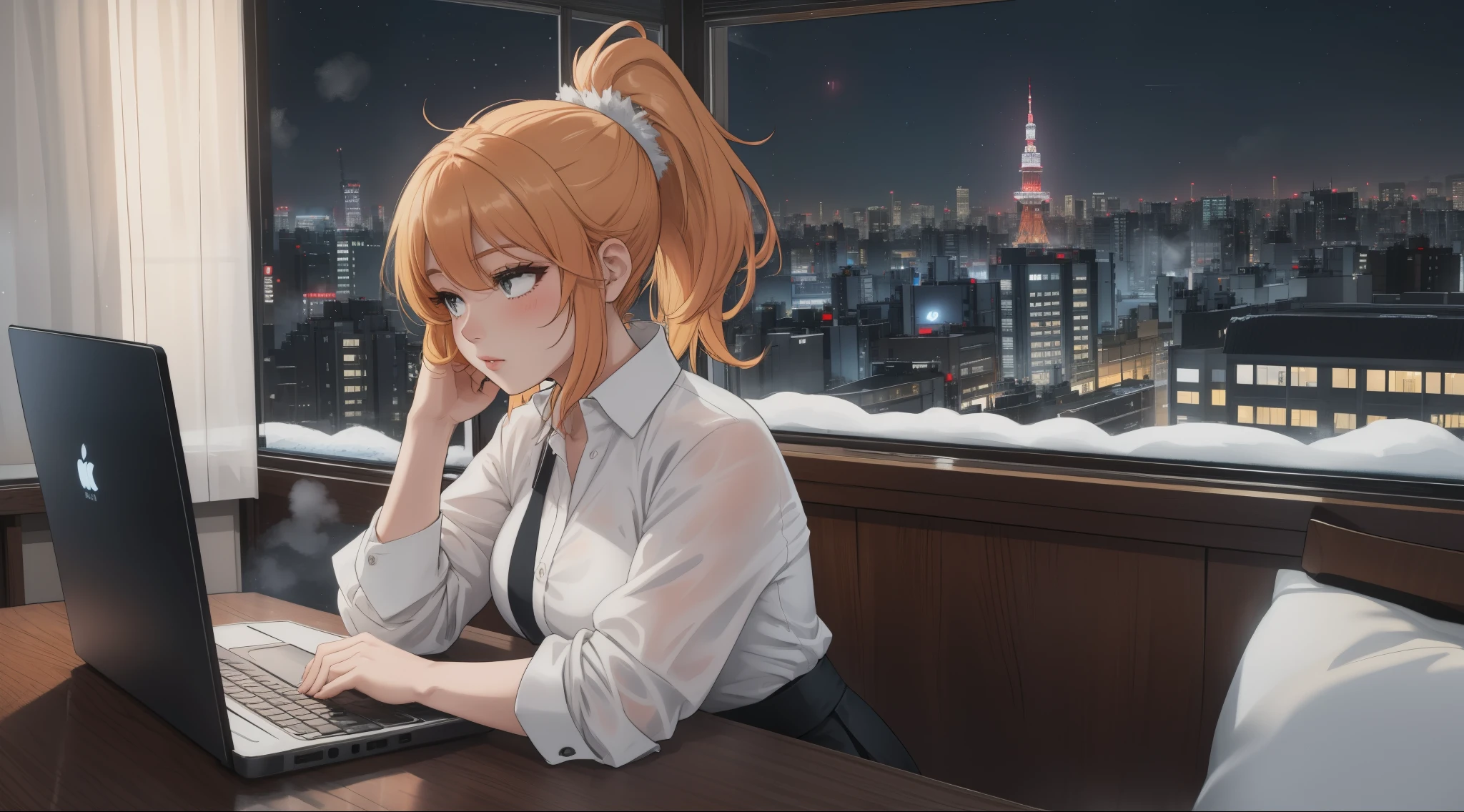 "A young woman with blonde red hair tied in a ponytail is sitting in front of a laptop, her hands actively typing as she focuses intently on coding. The camera angle captures her from the side, showcasing her black-colored button-up shirt with rolled-up sleeves and black leggings. The desk is tidy, with a steaming cup of coffee resting beside the laptop, sending soft wisps of steam into the cool air. The background reveals a large window showcasing a snowy Tokyo night, where the city’s iconic skyline is illuminated by a blend of glowing neon signs and soft moonlight. Snowflakes gently drift down, blanketing rooftops and streets in white, while the faint outlines of Tokyo Tower and other landmarks add depth to the urban scene. The sheer curtains ripple slightly as a cold winter breeze sneaks in, creating a sense of movement and contrast between the warmth of the room and the chill of the snowy night outside. The room is bathed in a soft, warm light from the laptop screen, reflecting off her determined expression. Her relaxed yet focused posture highlights her dedication, creating a serene yet dynamic atmosphere that merges the coziness of her workspace with the lively, snow-covered Tokyo backdrop."
