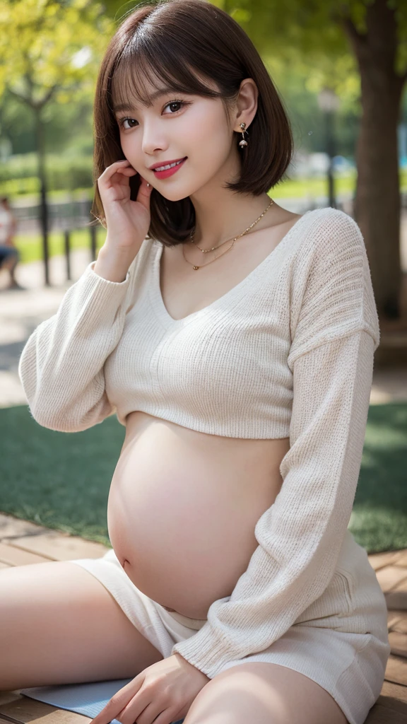 1girl, pregnant, masterpiece, best quality, Sitting, living room, sweater, (looking at viewer), (full body), ultra high res, Necklace, Hairband, Pale skin