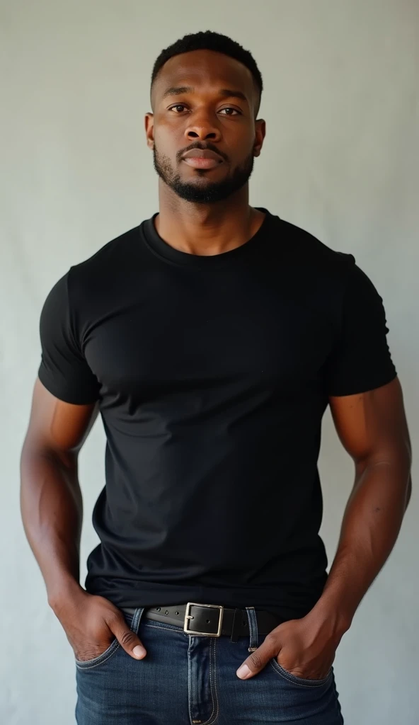 hd black man model, mock up, using plain t-shirt, model, ultra hd, exactly facing to camera, smiling, full body photos, studio background, hands beside body