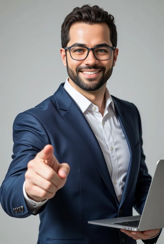 (detailed), a professional businessman, mid-40s, with neatly combed dark hair and a clean-shaven face, pivalora1-face, intelectual, glasses black, holding a sleek laptop in one hand and pointing confidently with the other, dressed in a perfectly tailored navy-blue suit paired with a crisp white shirt. His expression is forward-looking, with a genuine and approachable smile. The setting features a neutral background with studio-quality lighting, including a soft key light to emphasize his facial features and add depth to the composition. The image is rendered in high resolution, showcasing sharp focus, balanced contrast, and a polished, professional aesthetic. 