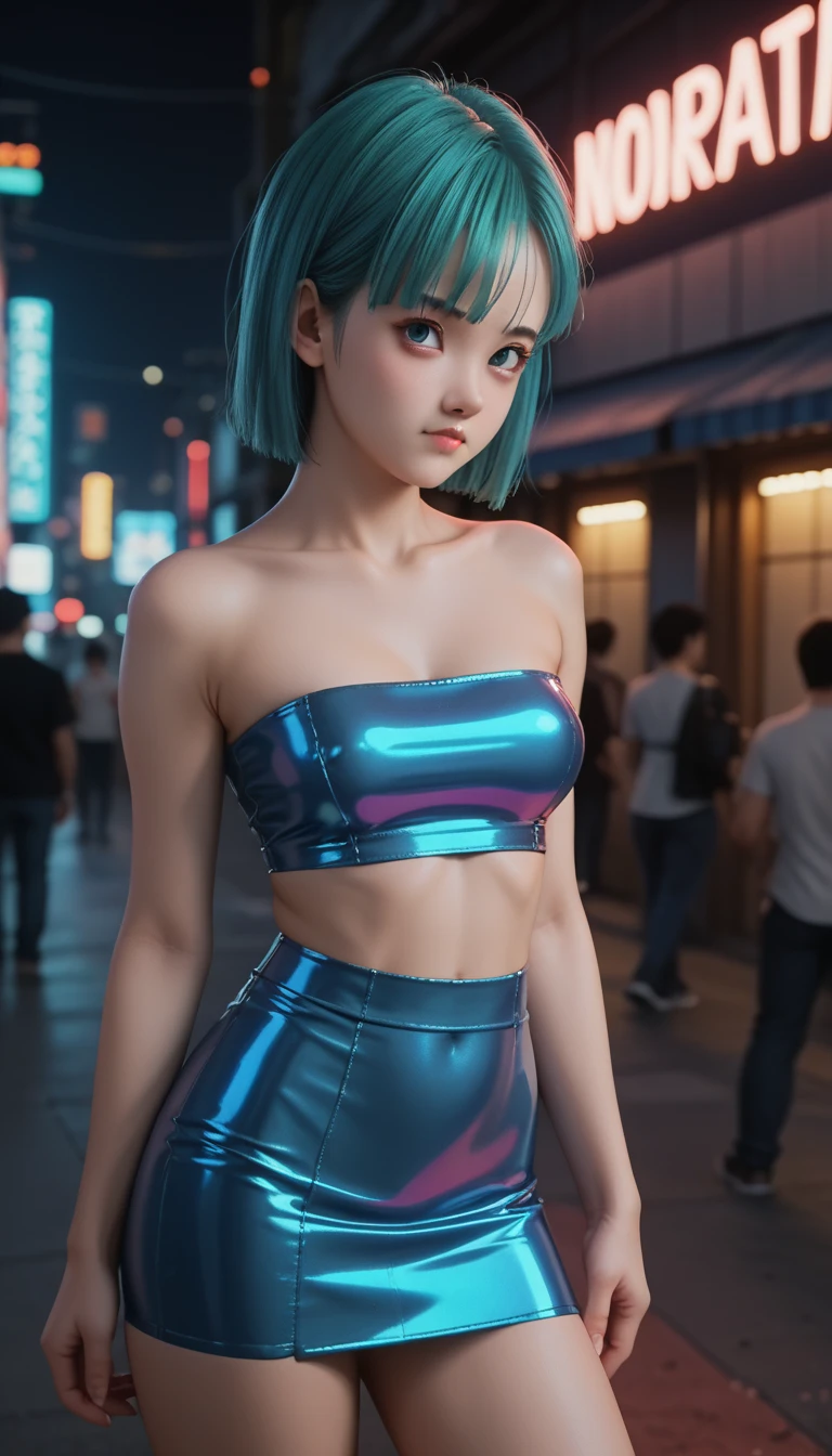  ,    a beautiful **-****-*** Japanese girl ,              medium breasts, with healthy appearance ,  The expression would be      ,     tight clothing  , Bold poses ,                detailed embroidery               ,           high quality, 8k,                photorealistic             ,                dramatic lighting          ,                vivid colors               ,(               masterpiece               ,                 top quality               ,  :1.2),  (                  cyberpunk urban scene illuminated by neon lights                    ), (Alone:1.4), (             Elegant and cool           ),  (              Bright neon details                :1.3), (              serious expression               :1.1), (              Confident and relaxed poses                  :1.3), holographic clothes             , (               dynamic lighting               ,   Strong contrast ), Dragon Ball anime character BULMA,          blue hair   , Sensual,  , sexy clothes,
short clothes, short skirt, Tube top,.