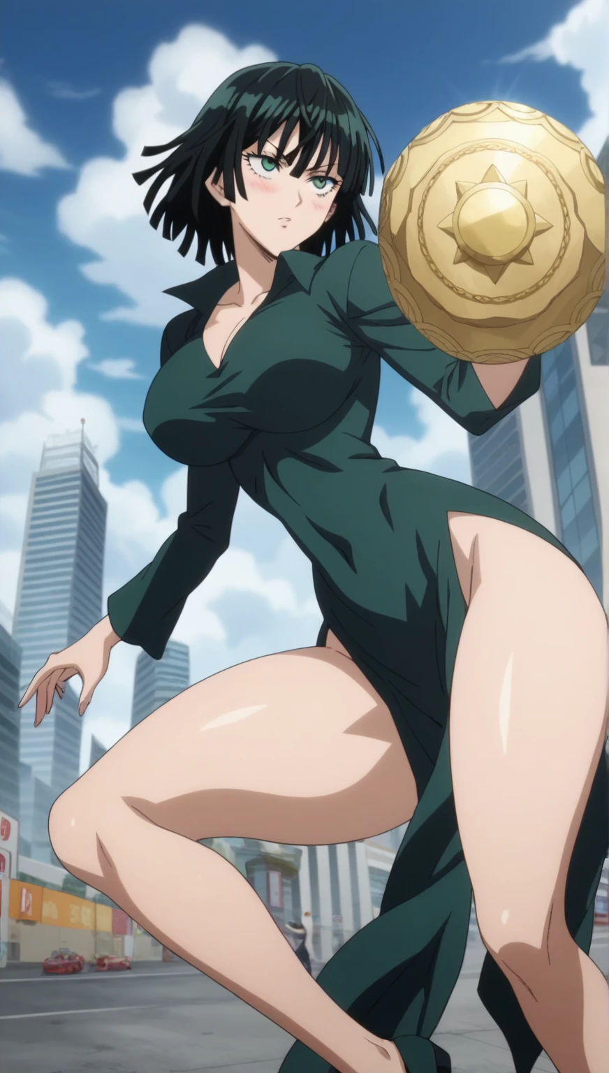 Prompt: (huge gigantic super mega hyper:1.3),(biggest round giant massive :1.3), (only one women) front view, fighting,city,sexy poses, source_anime,masterpiece,best quality,highres,absurdres,official art,official style,source_anime,anime screencap,anime coloring,megami magazine,anime,animated,explicit, shiny skin,large breasts,  black hair , fubuki ,one punch man,blush, side, on side,   fubuki,