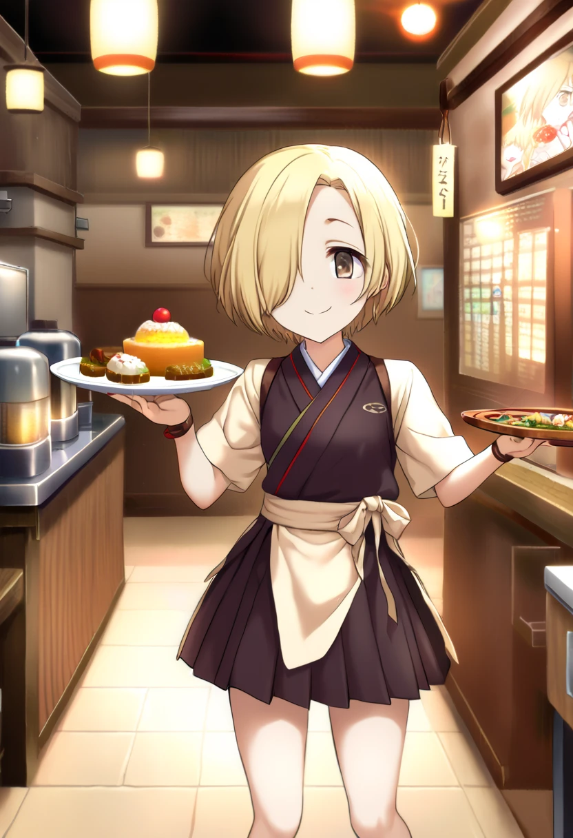 BMC,  Yagasuri , Japanese clothing,  One girl , glass, smile,  waitress ,  hakama skirt, Food,  single focus , Real life insertion, ,  Yagasuri , happy , smile,  Watch viewers,  standing, 
 top quality ,   High Definition ,  extremely detailed,((Blonde,  and my bangs are hanging over my eyes,  short hair,  brown eyes ,  flat chest, small butt,Hair on one eye, (Hide one eye),, right eye is hidden))

 