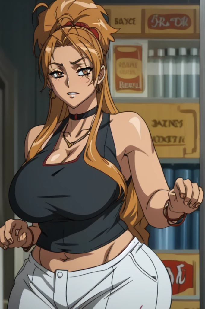 Rei miyamoto,tall body, tall, long legs, mature female, mature, adult, eft_hotd_orange, ((1girl)), ((solo)), orange hair, brown eyes,Big breasts, enormous large breasts, big cleavage, ((loose black tank top with cleavage and open navel)),lowrise jeans,Thick lips,Make up,((Eyeshadow)),red lips,((blue drob bar earring)),((Gold chain necklace)),1girl,Solo,Golden bracelet,curvy figure,Light blush,Half eyes expression,Long messy hair,Gaze on viewer,((dishelved long messy hair)),visible baby cot,Mix of happiness and sadness expression,no pants,colored Long nail,in love expression,Black skin  ,Black skin baby,Gaze on viewer,Slicked bang hair,Spouty lips