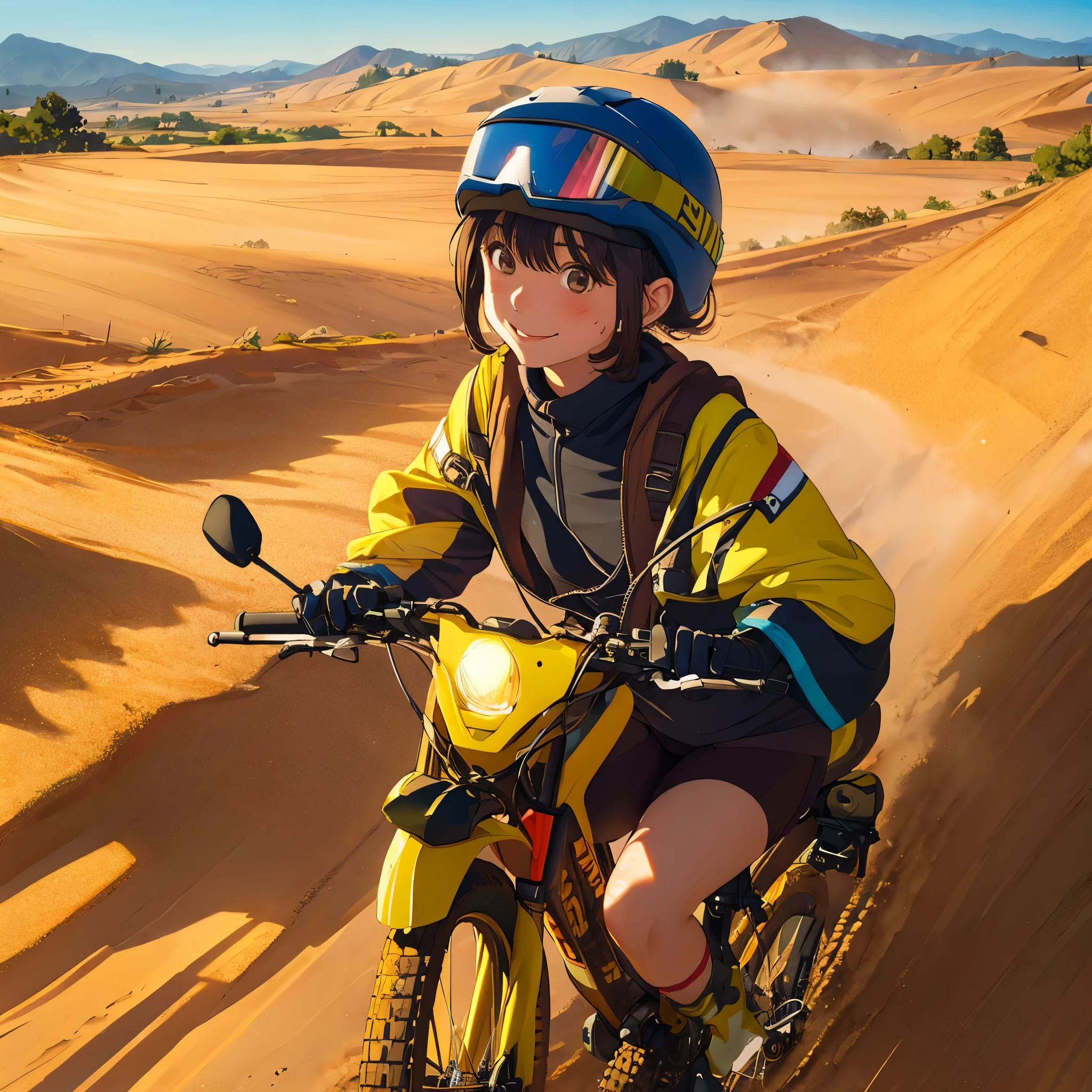 (The_shading),
One girl,Flying Goggles,Ride the Motobi \(MTB Umuk\),smile,Dirt roads,Dust,
Breaking the masterpiece,Highest quality,