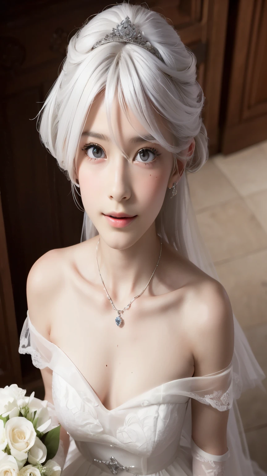 (from above:2),(from front:2), ((Face)), (Close-Up:2), holding a bouquet to his mouth, highest quality、(real、photorealistic:1.4)、(RAW photo:1.2)、very detailed CG unity 8k wallpaper, delicate and beautiful, wonderful, Fine detail, official art, disorganized, very disorganized, huge file size, Ultra-detailed, very detailed, very detailed girl, very detailedなeyes and face, Bright on the face、(teenage girl:1.7)、small smile, ,smiling, miorine rembran, ahoge, (white hair:1.25), hair between eyes, hair bun, (long hair:1.25), tiara,,ruanyi0261,off-shoulder dress,pearl \(gemstone\),tiara,veil,wedding dress, wedding necklace, wedding long gloves, (luxurious bouquet), chapel, Stained glass,
