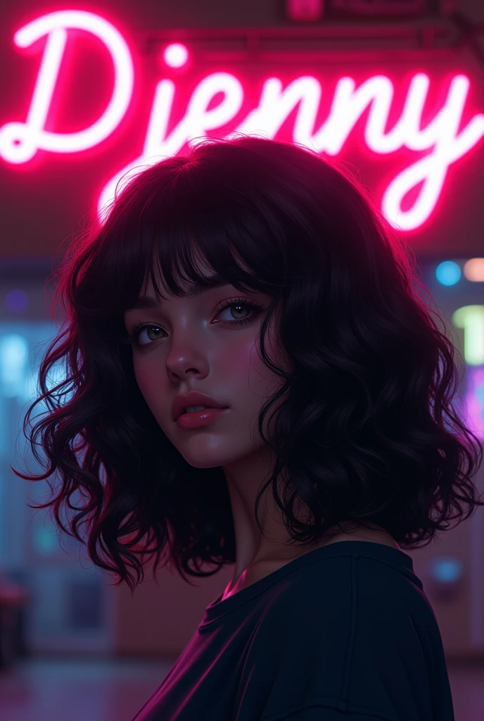 (have to pee, desperate, full bladder, stressed, blush, brow sweat), Brown hair . beautiful woman with curly hair, worried face, dark room neon cyberpunk at night coordinator neon glow, around the woman neon energy and a floating warning "EMERGENCY" manga style,Beautiful colors,Living picture,masterpiece,detailing