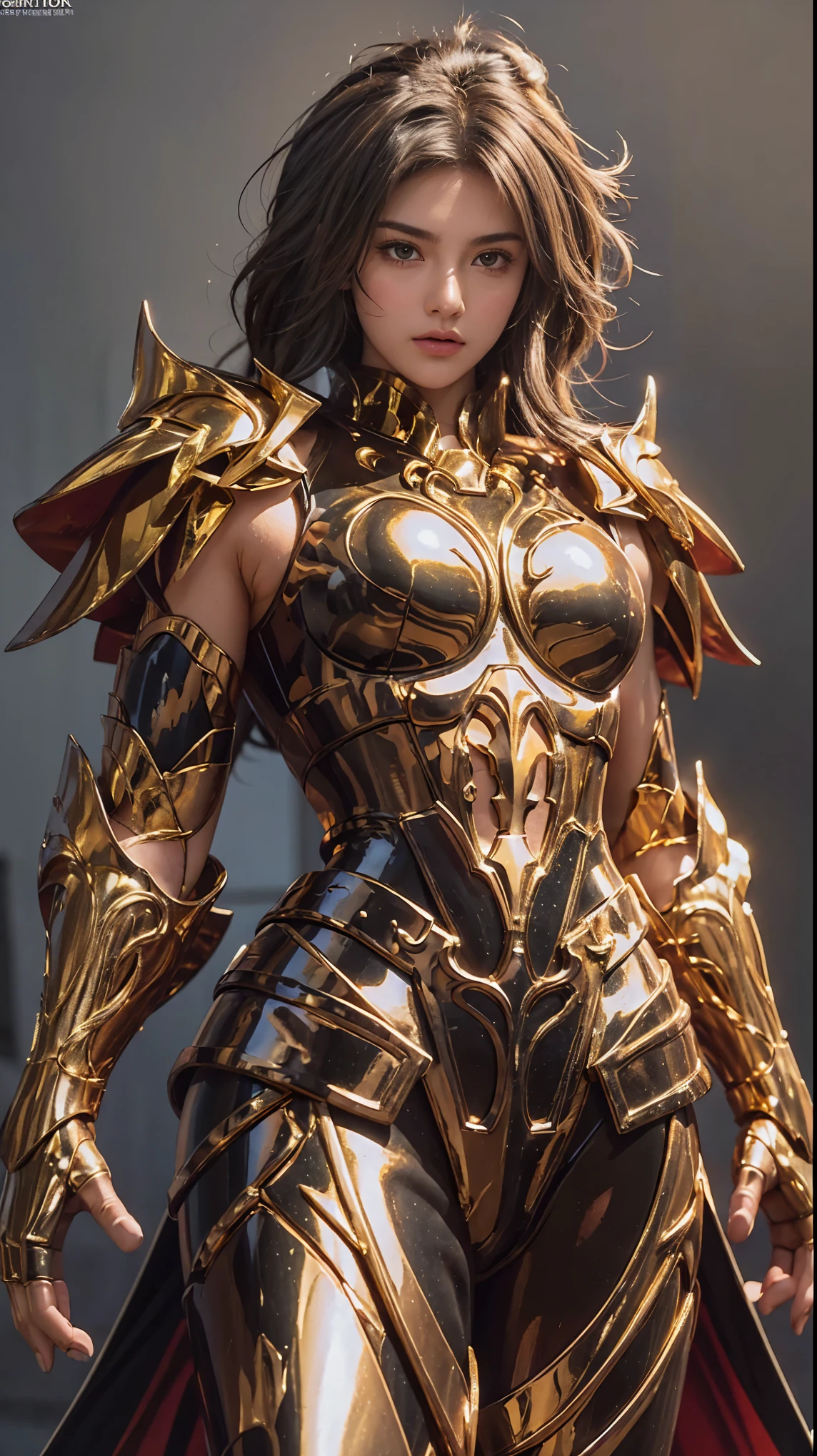 Make 4 pictures with different poses. 1 girl, curvy body, Large breasts, with long shimmering dark blue hair, black skin, and a golden chest. Exposing the chest, exposing the waist, exposing the thighs, cool pose, Saint Seiya god armor, with very intricate details like scales. A warrior, tested in battle, Gold Warframe, a highly intricate and sharp armor decoration, a strong and sexy body, clear lines, determination, Mystical rune, Ultra-high saturation, (masterpiece), full-body photo, (best quality), Wearing a shimmering golden armor, Armor type sexy lingerie woman, bikini, neatly styled long hair, high detail, Anime style, cinematic lighting, Shining, divine light, ray tracing, film grain, hyper HD, skin texture, super detail, Correct anatomy, high resolution, Ultra-high saturation, high contrast, High-gloss armor, Smooth skin, Serious expression. the background of a ruined ancient Roman building.