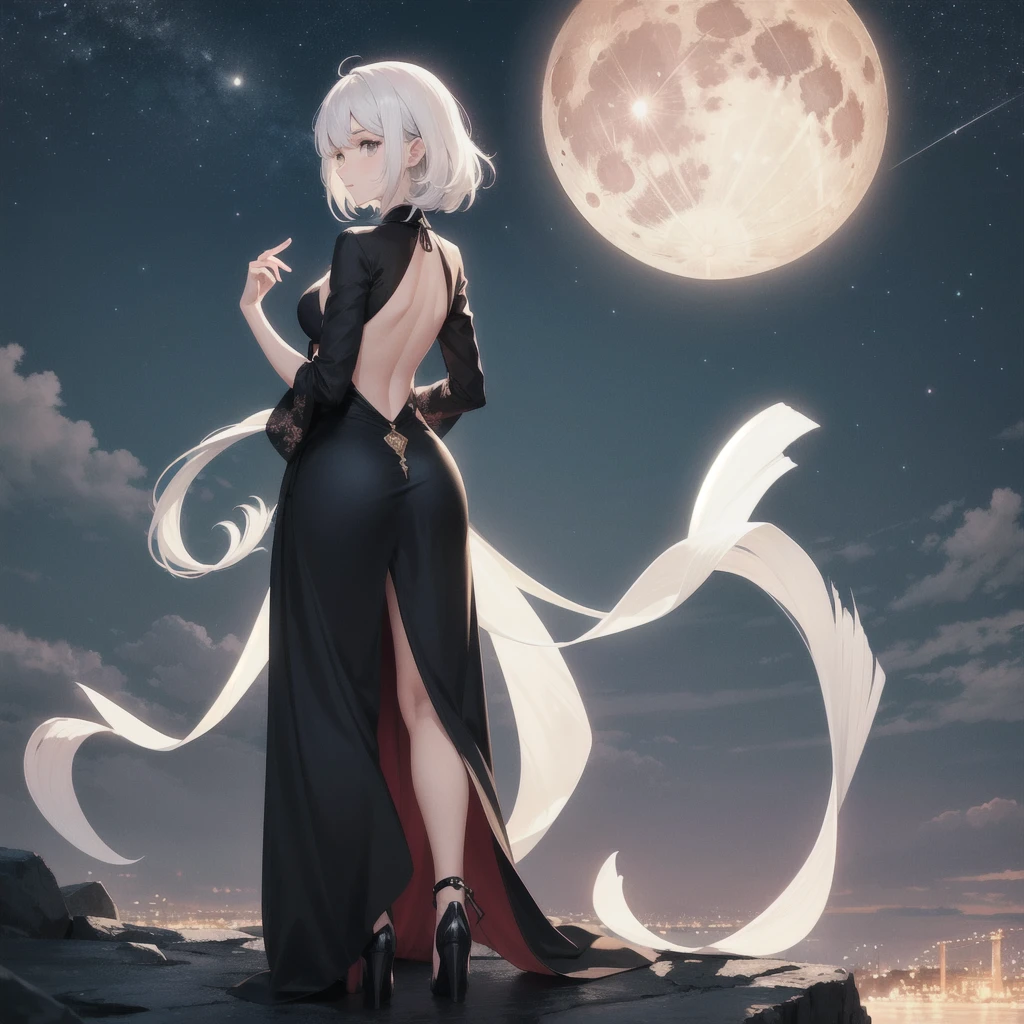 expansive landscape photography, (a bottom view showing the sky above and open country below), a girl standing in a field of flowers looking up, (full moon: 1.2), (shooting stars: 0.9), (nebula : 1.3), distant mountain, BREAK tree production art, (warm light source: 1.2), (Firefly: 1.2), lamp, lots of purple and orange, intricate details, volumetric lighting, BREAK realism (masterpiece: 1.2) , (best quality), 4k, ultra-detailed, (dynamic compositing: 1.4), highly detailed, colorful details, (iridescent colors: 1.2), (bright lighting, atmospheric lighting), dreamy, magical, (solo: 1.2)