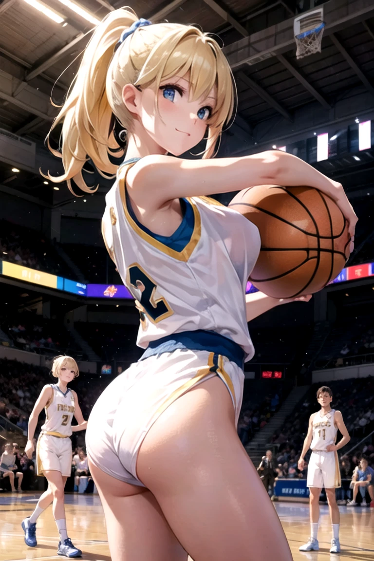 masterpiece,  top quality ,Ultra HD Explained,Full HD,16k,   Super Resolution ,  accurate human body, correct human anatomy ,relax, smile,(( Arena, basketball court,One basketball)),((((I'm playing basketball:2.0,Having one ball)))),   one woman:2.0,  Watch viewers,((blonde alone ,  long hair_  ponytail_Blue Ribbon, blue eyes,  Beautiful White Skin )),(  open your eyes, Sexy and attractive body  _  far beyond age:1.5,  Balanced Hands:1.6,  long legs  ) ((Abnormally large breasts_K-Cup_  beautifully shaped breasts )),((( basketball uniform_blue))), Japanese,Colours of the 90s,  cowboy shot showing shoulders, Active Angle , Focus on the chest:1.4.