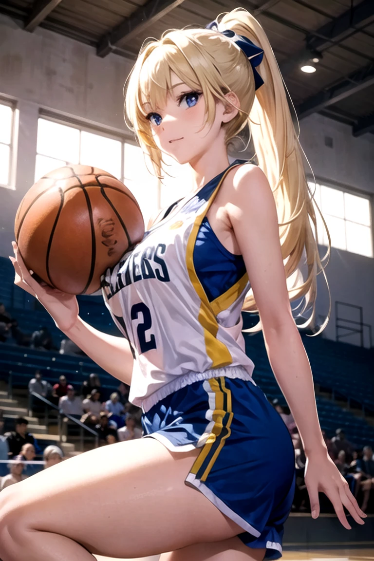 masterpiece,  top quality ,Ultra HD Explained,Full HD,16k,   Super Resolution ,  accurate human body, correct human anatomy ,relax, smile,(( Arena, basketball court,One basketball)),((((I'm playing basketball:2.0,Having one ball)))),   one woman:2.0,  Watch viewers,((blonde alone ,  long hair_  ponytail_Blue Ribbon, blue eyes,  Beautiful White Skin )),(  open your eyes, Sexy and attractive body  _  far beyond age:1.5,  Balanced Hands:1.6,  long legs  ) ((Abnormally large breasts_K-Cup_  beautifully shaped breasts )),((( basketball uniform_blue))), Japanese,Colours of the 90s,  cowboy shot showing shoulders, Active Angle , Focus on the chest:1.4.