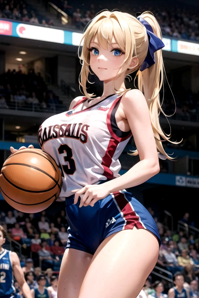 masterpiece,  top quality ,Ultra HD Explained,Full HD,16k,   Super Resolution ,  accurate human body, correct human anatomy ,relax, smile,(( Arena, basketball court,One basketball)),((((I'm playing basketball:2.0,Having one ball)))),   one woman:2.0,  Watch viewers,((blonde alone ,  long hair_  ponytail_Blue Ribbon, blue eyes,  Beautiful White Skin )),(  open your eyes, Sexy and attractive body  _  far beyond age:1.5,  Balanced Hands:1.6,  long legs  ) ((Abnormally large breasts_K-Cup_  beautifully shaped breasts )),((( basketball uniform_blue))), Japanese,Colours of the 90s,  cowboy shot showing shoulders, Active Angle , Focus on the chest:1.4.