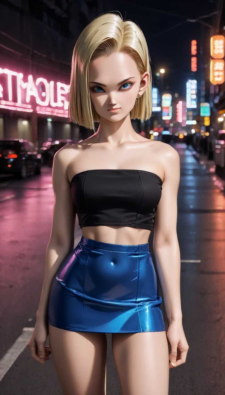  ,     a beautiful 16-year-old Japanese girl ,               medium breasts, with healthy appearance ,  The expression would be       ,     tight clothes  , Bold poses ,                 detailed embroidery                ,            high quality, 8k,                 photorealistic              ,                 dramatic lighting           ,                 vivid colors                ,(                masterpiece                ,                  top quality                ,  :1.2),  (                    urban scene illuminated by neon lights                     ), (Alone:1.4), (              Elegant and cool            ),  (               Bright neon details                 :1.3), (               serious expression                :1.1), (               Confident and relaxed poses                   :1.3), holographic clothes              , (                dynamic lighting                ,   Strong contrast ), Cyberpunk ,   Dragon Ball anime character ANDROID 18,           blonde hair    , Sensual,  , sexy clothes,
short clothes, short skirt, Tube top,.